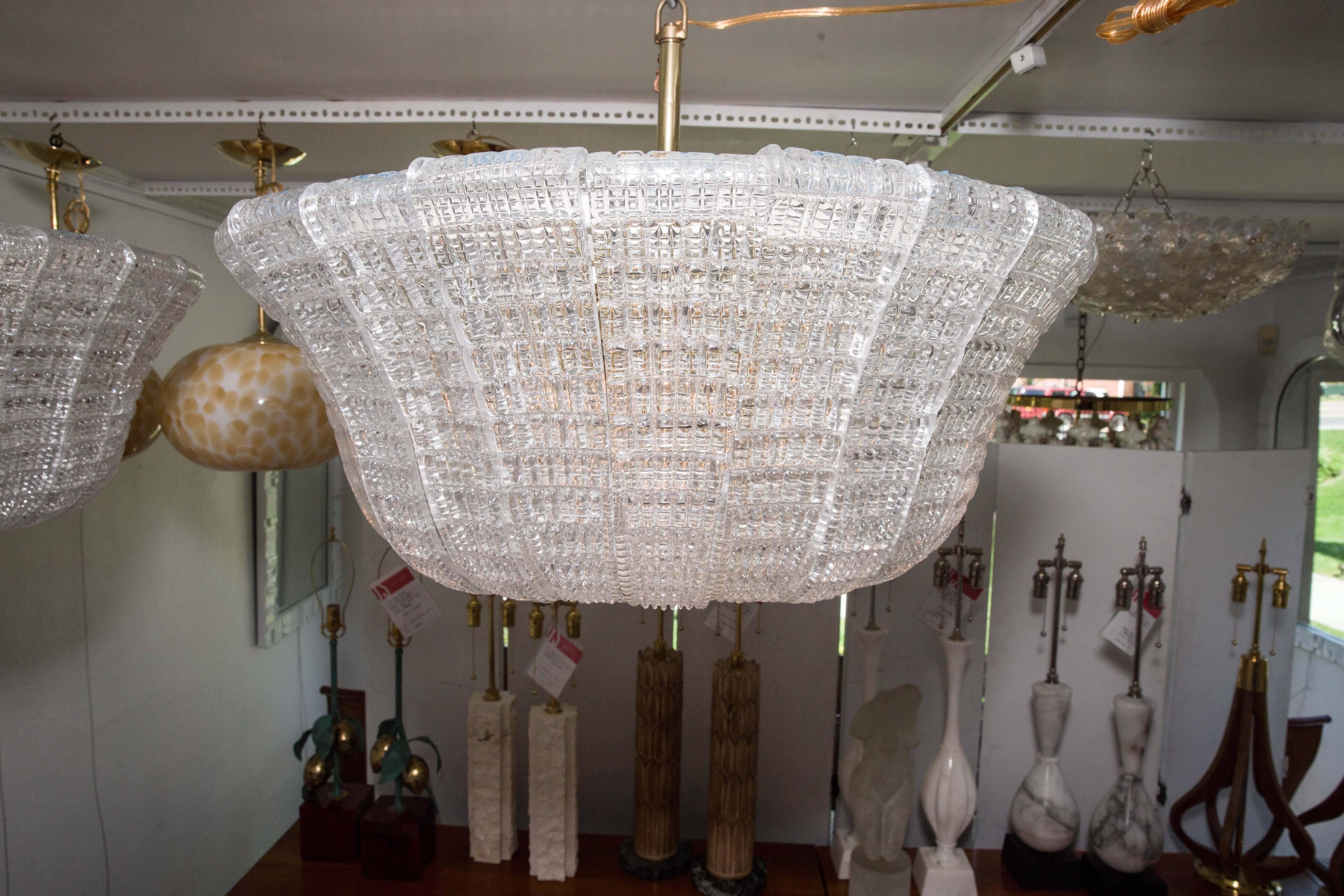 20th Century Large Fluted Glass Pendant Ceiling Fixtures with Brass Detail by Barovier