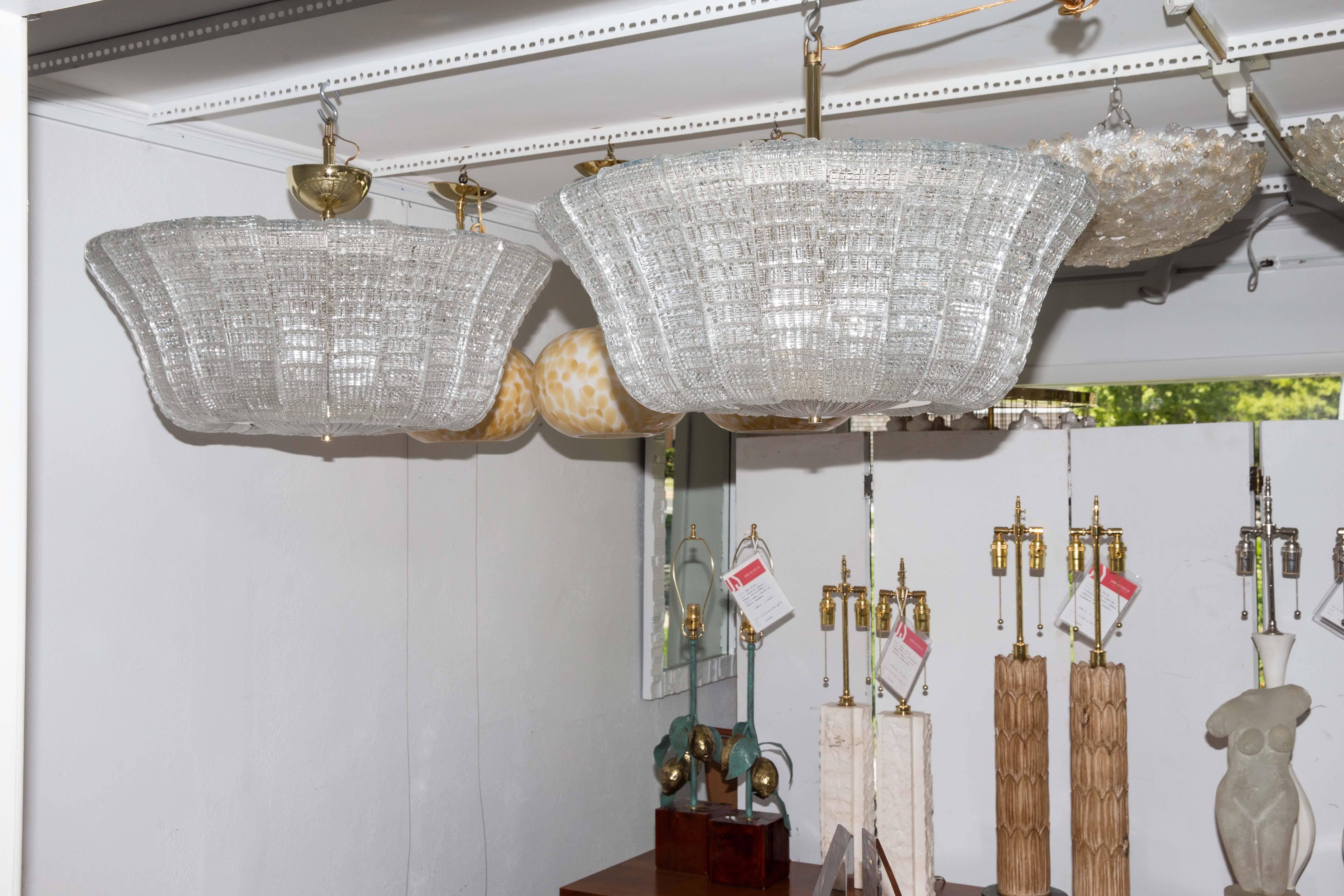 Large Fluted Glass Pendant Ceiling Fixtures with Brass Detail by Barovier 2