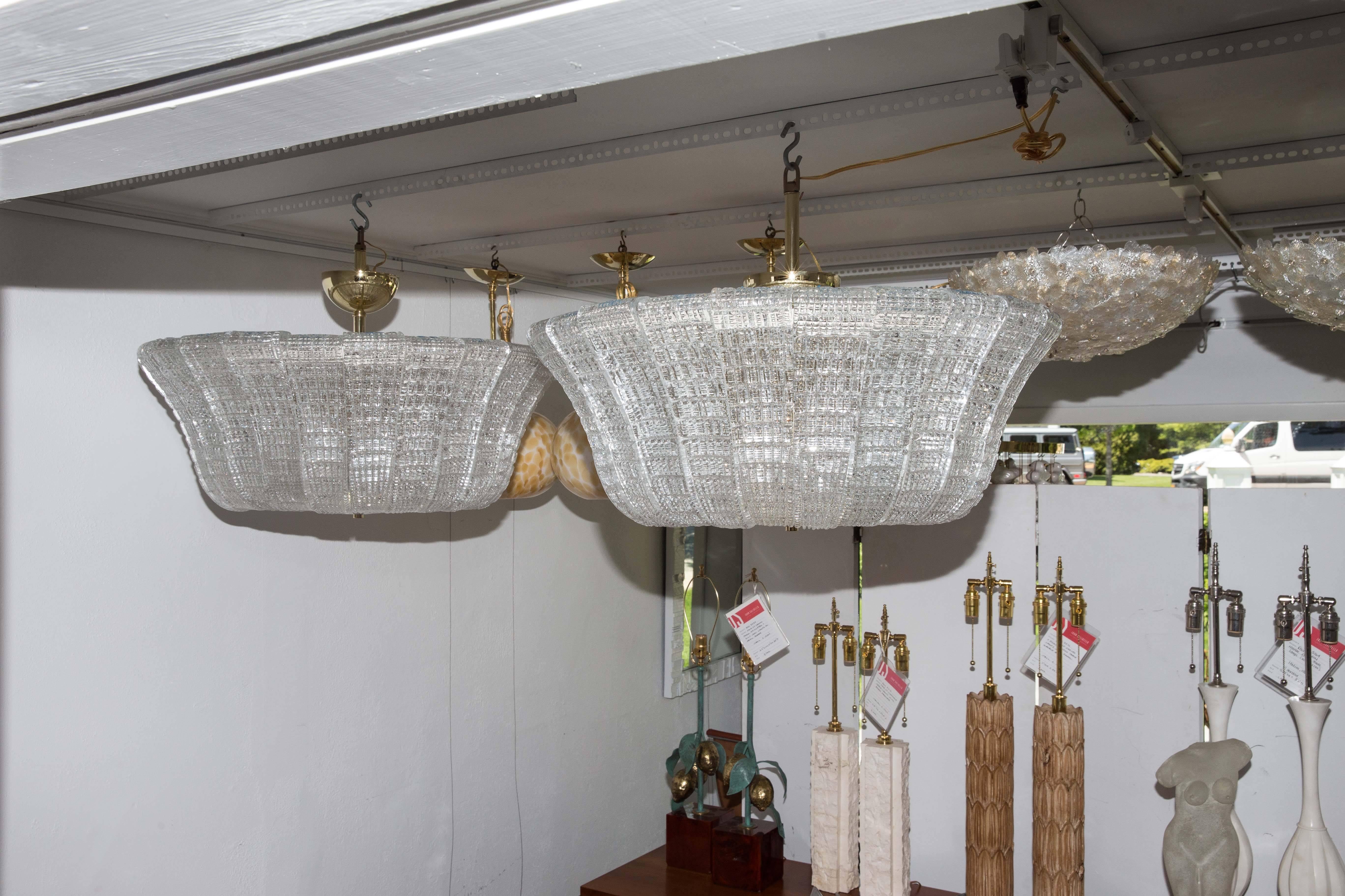 Large Fluted Glass Pendant Ceiling Fixtures with Brass Detail by Barovier 3