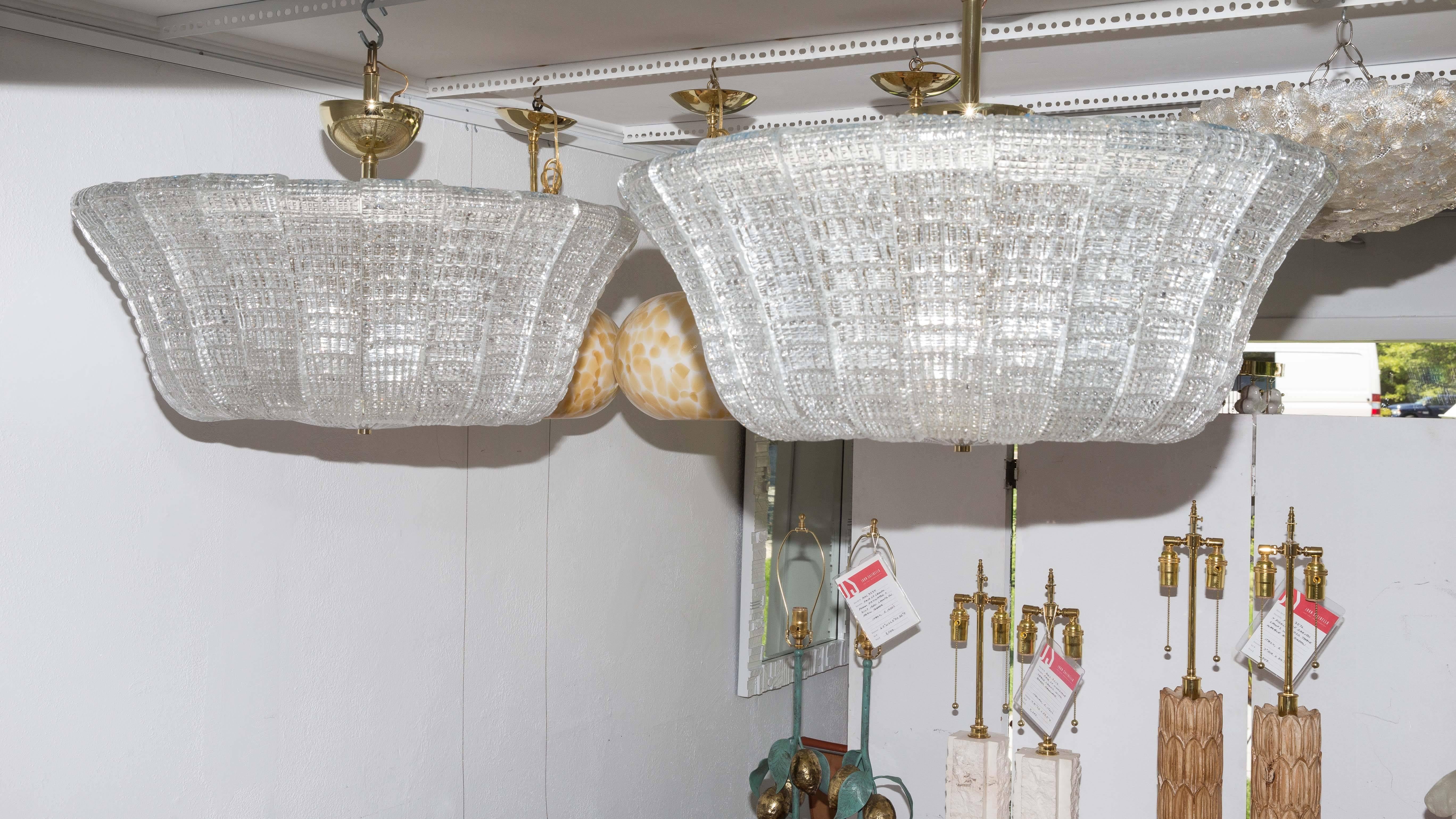 Large Fluted Glass Pendant Ceiling Fixtures with Brass Detail by Barovier 4