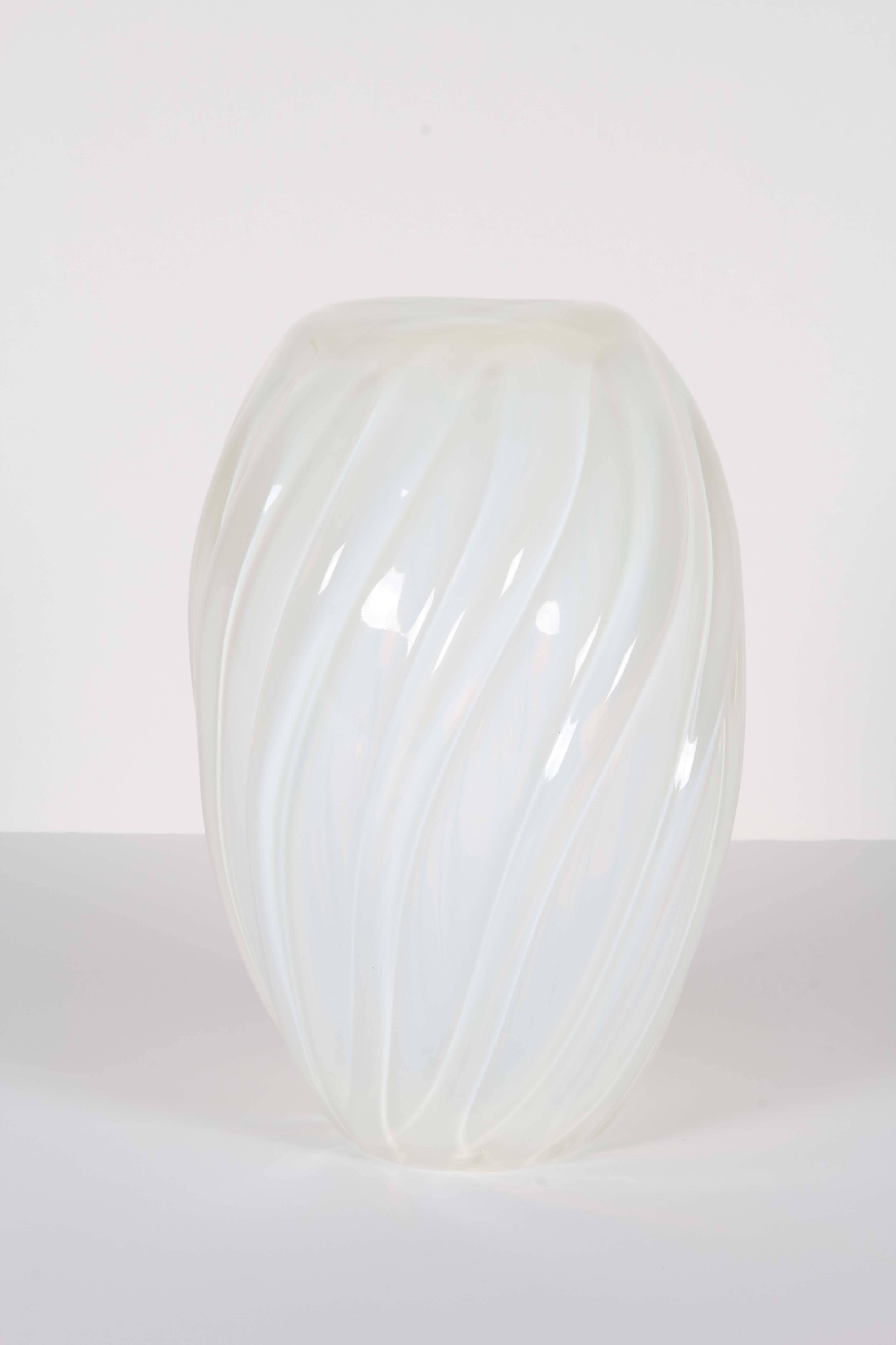 20th Century Murano Opal White Ribbed Italian Glass Vase For Sale