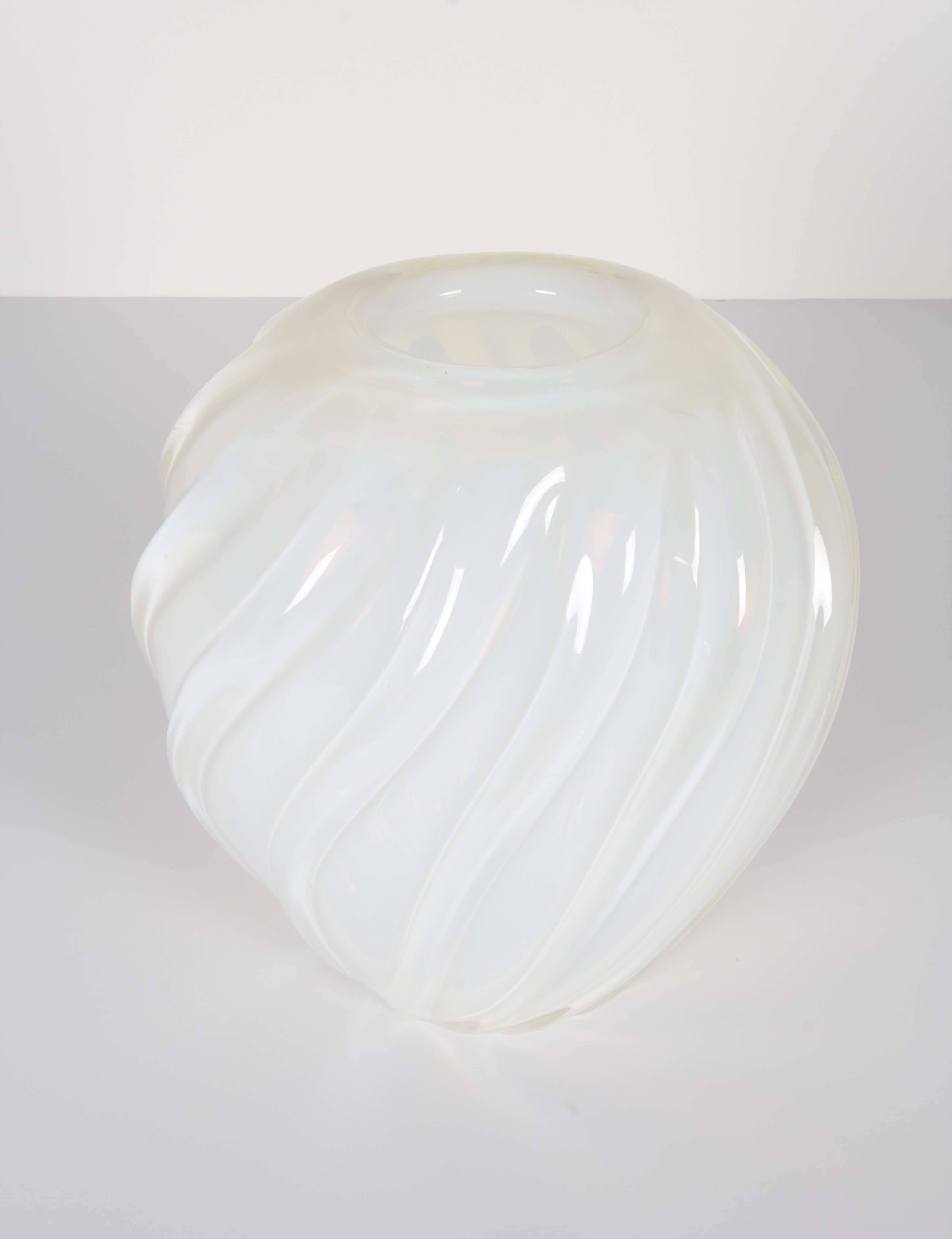 Murano Opal White Ribbed Italian Glass Vase For Sale 1