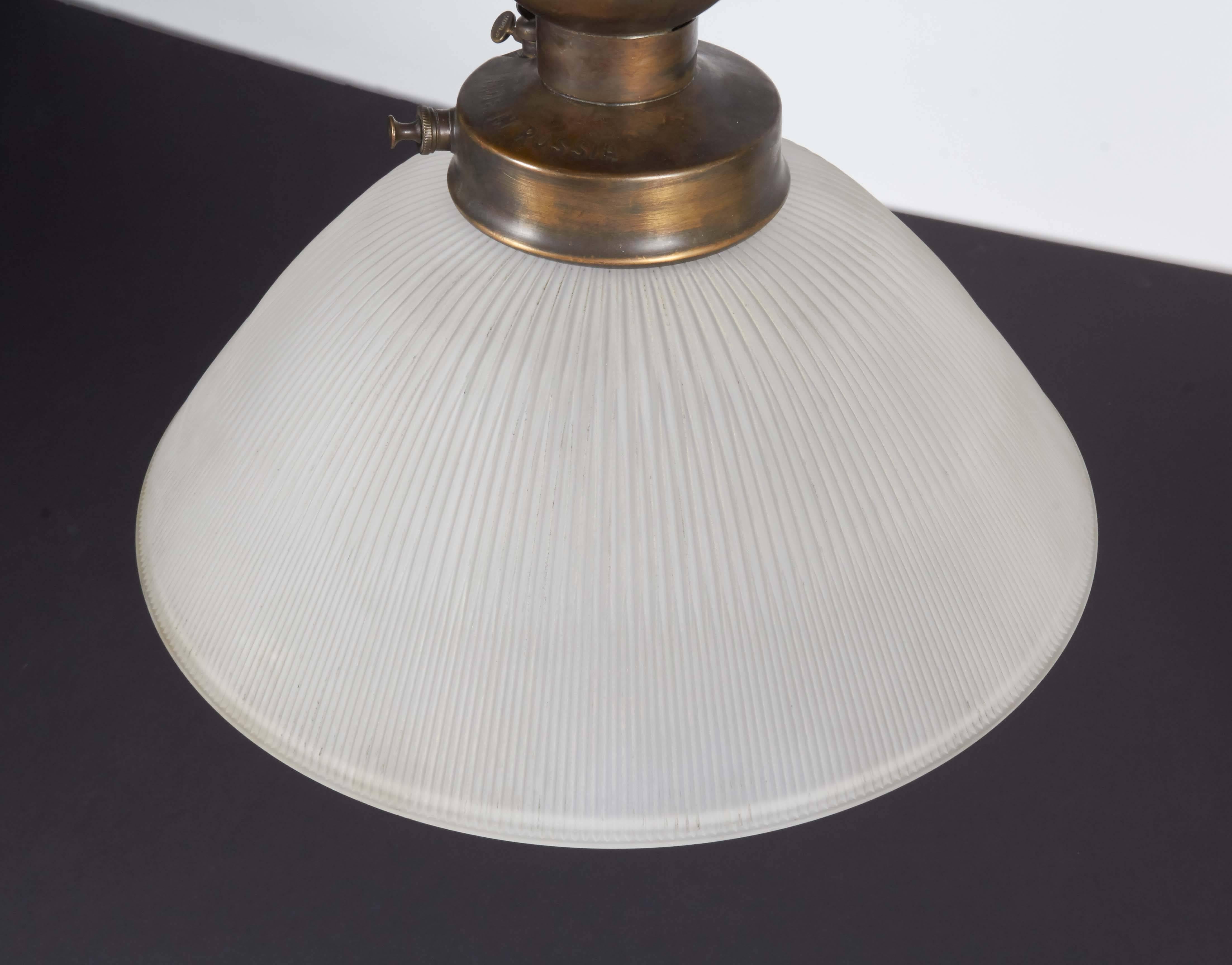 20th Century Pair of Holophane/Brass Gas Lamp Pendant For Sale