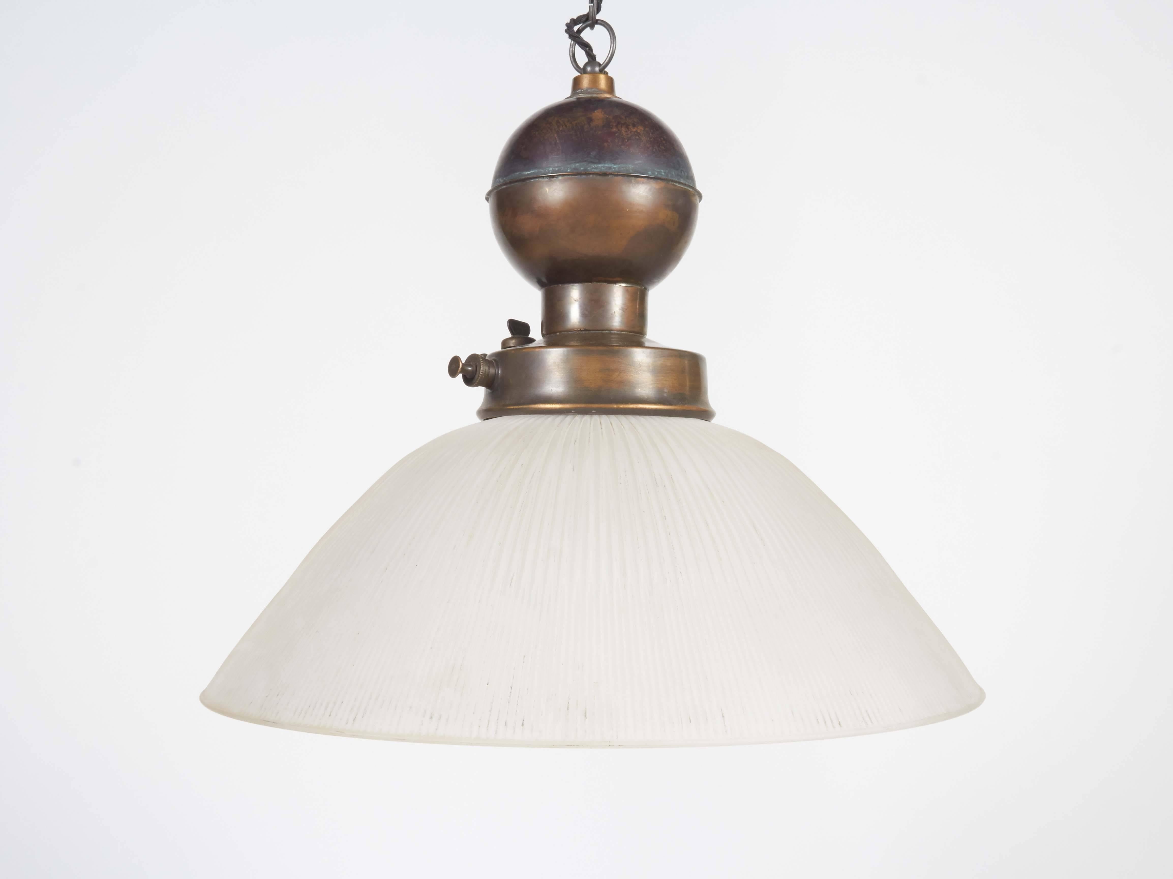 Pair of Holophane/Brass Gas Lamp Pendant For Sale 1