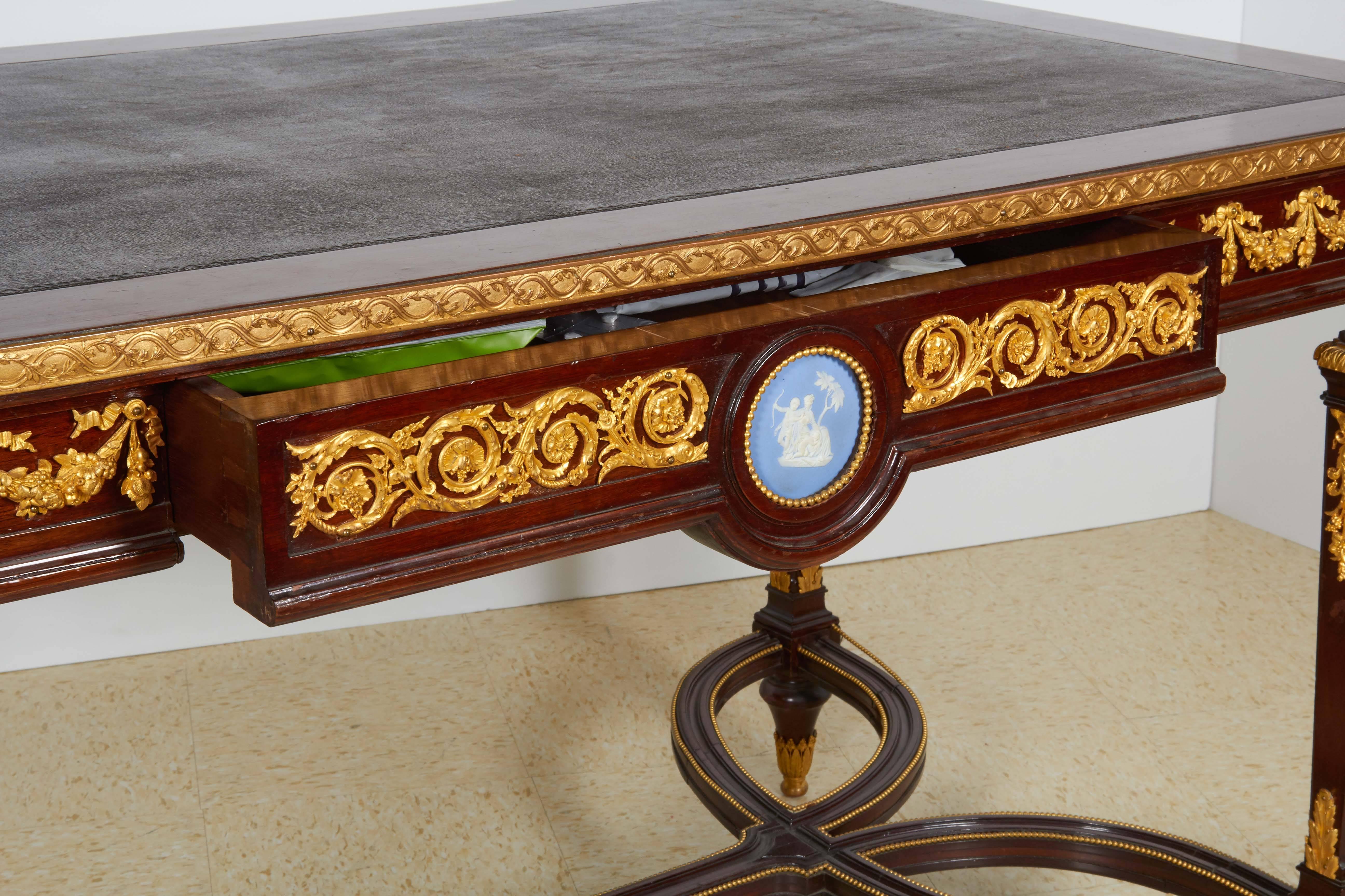 French Ormolu and Jasperware Wedgewood-Mounted Mahogany Center Table Desk 1