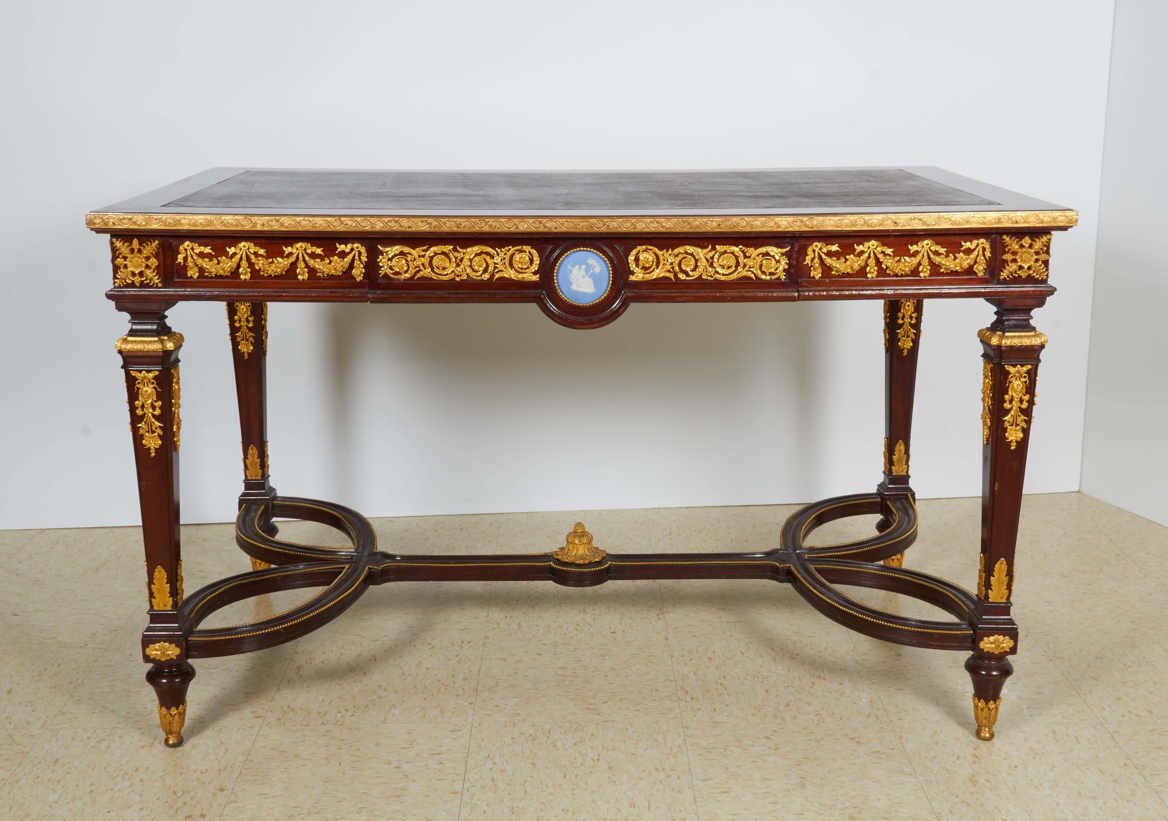 French Ormolu and Jasperware Wedgewood-Mounted Mahogany Center Table Desk 2
