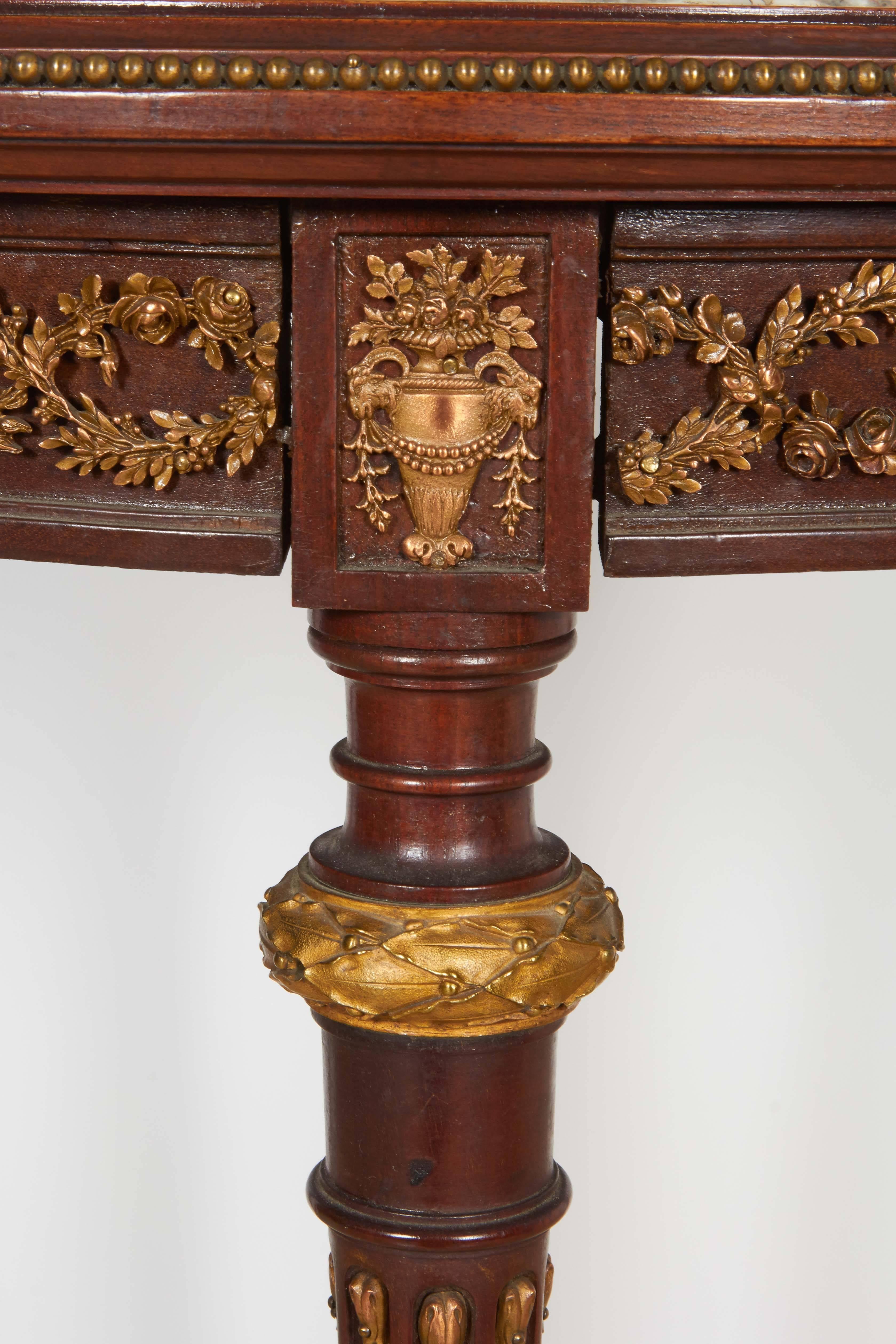 19th Century French Bronze-Mounted Mahogany Marble-Top Gueridon Table Attributed to Linke