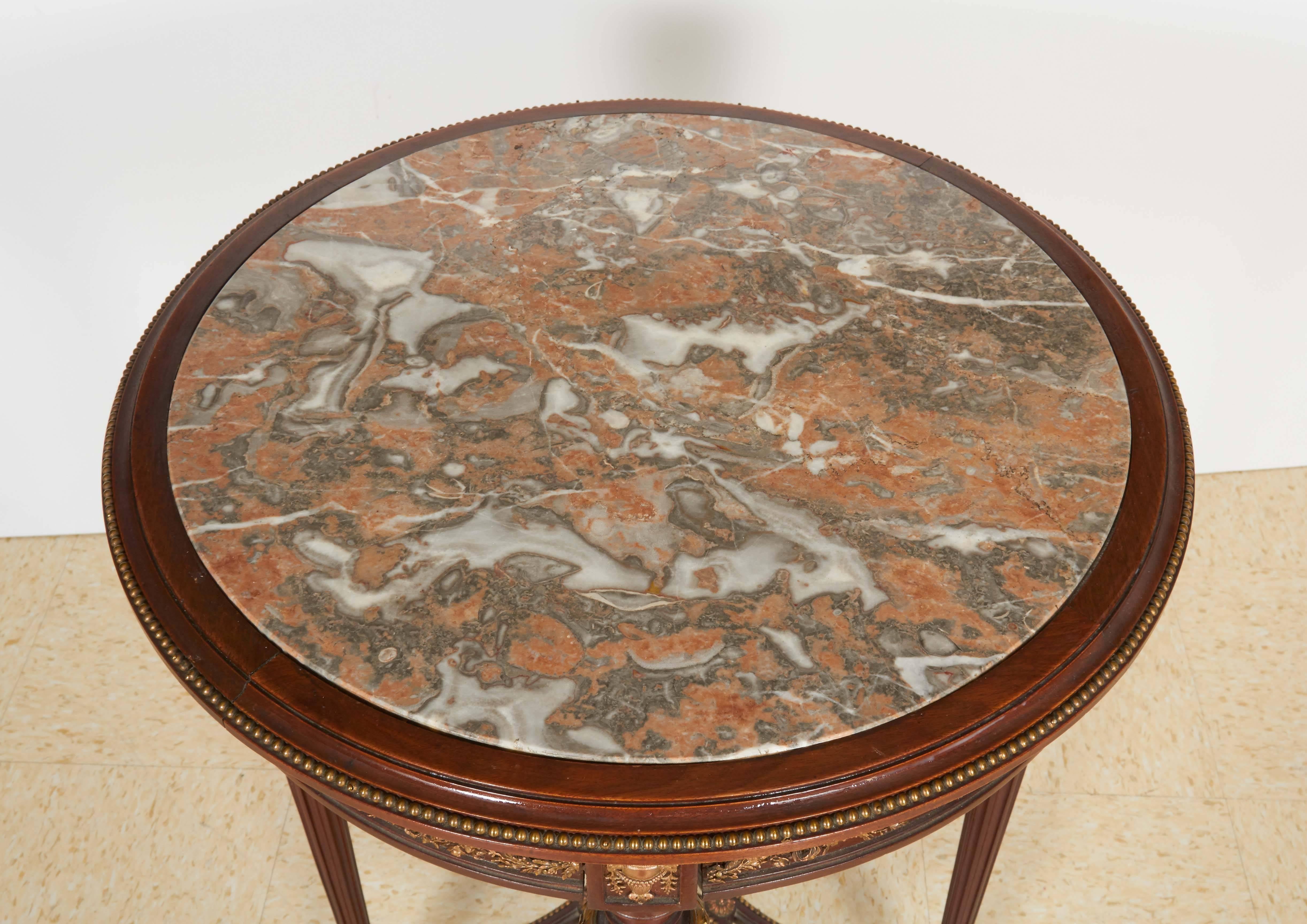 French Bronze-Mounted Mahogany Marble-Top Gueridon Table Attributed to Linke 2