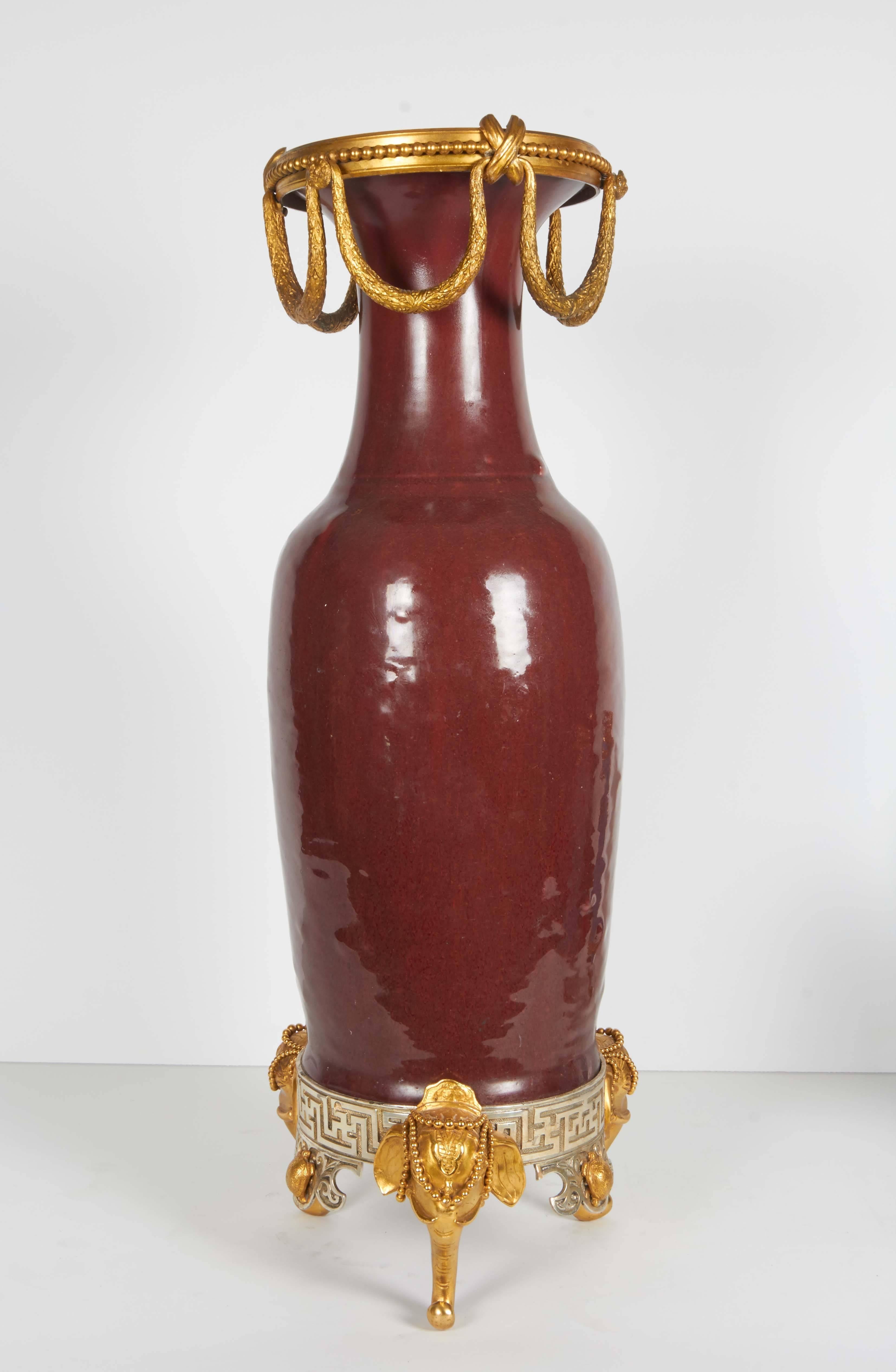 French Japonisme Ormolu and Silvered Bronze Chinese Porcelain Ox Blood Red Vase 2