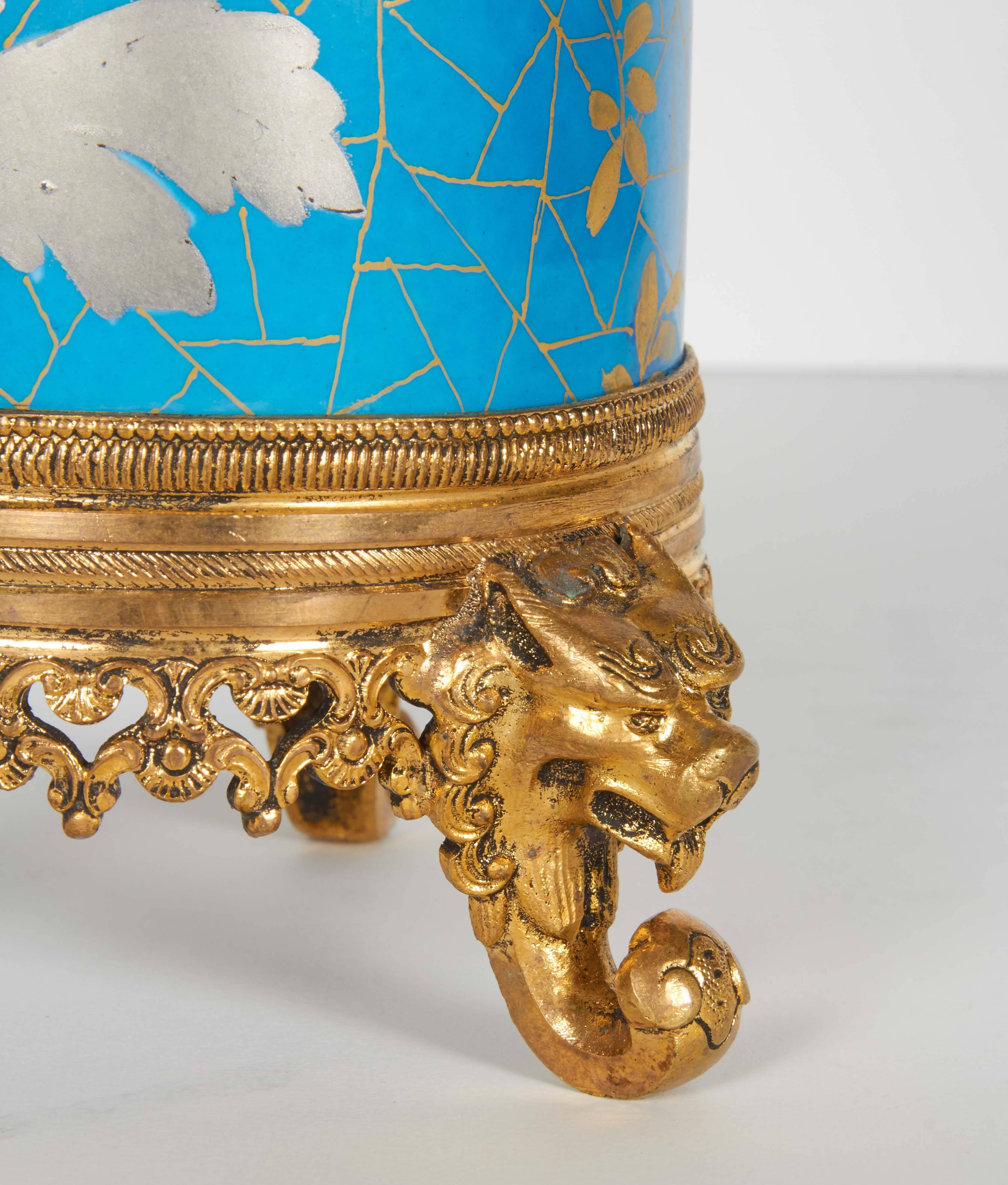 Pair of French Japonisme Ormolu-Mounted Blue Porcelain Vases Creil et Montereau In Good Condition In New York, NY