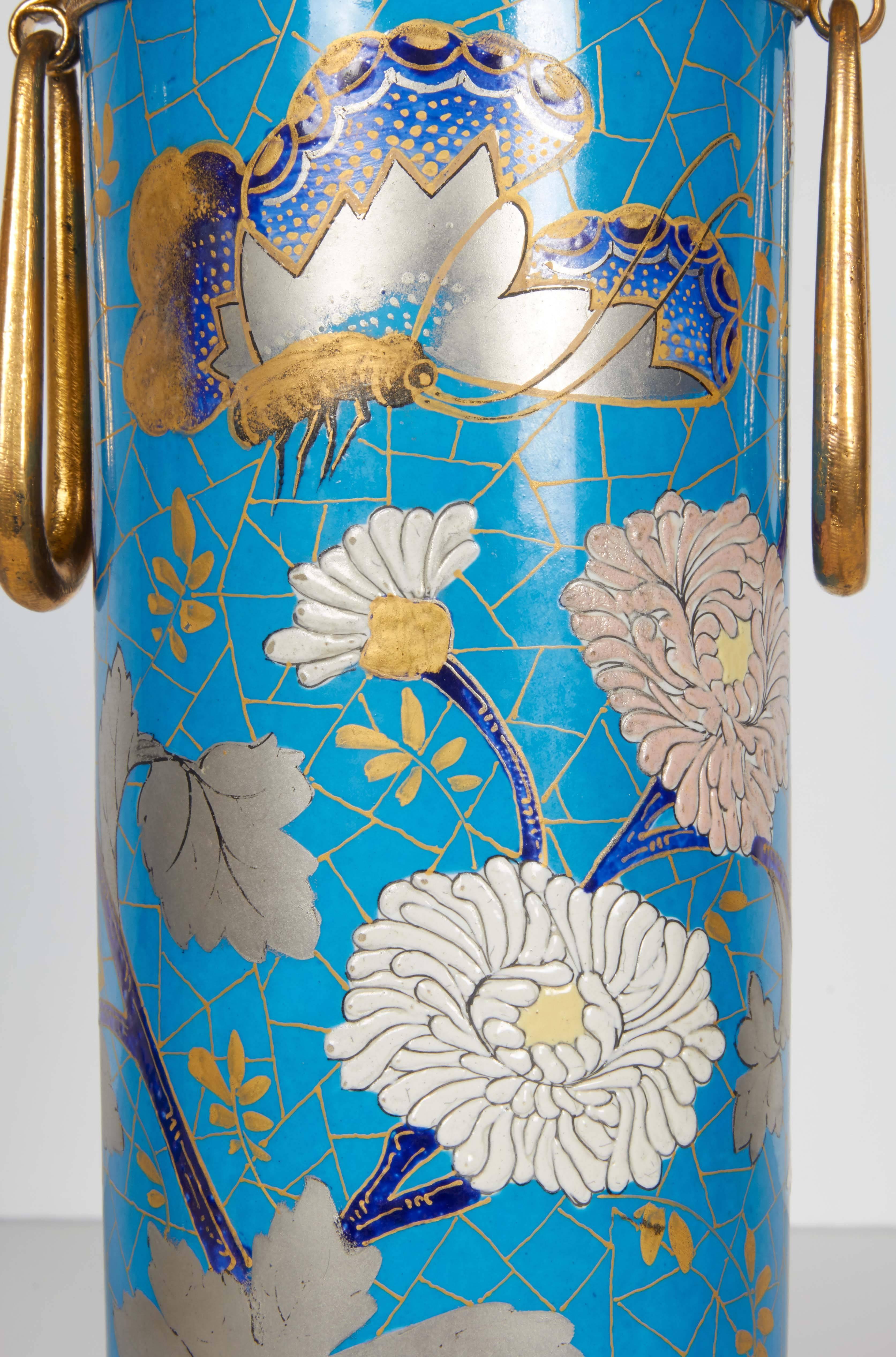 19th Century Pair of French Japonisme Ormolu-Mounted Blue Porcelain Vases Creil et Montereau