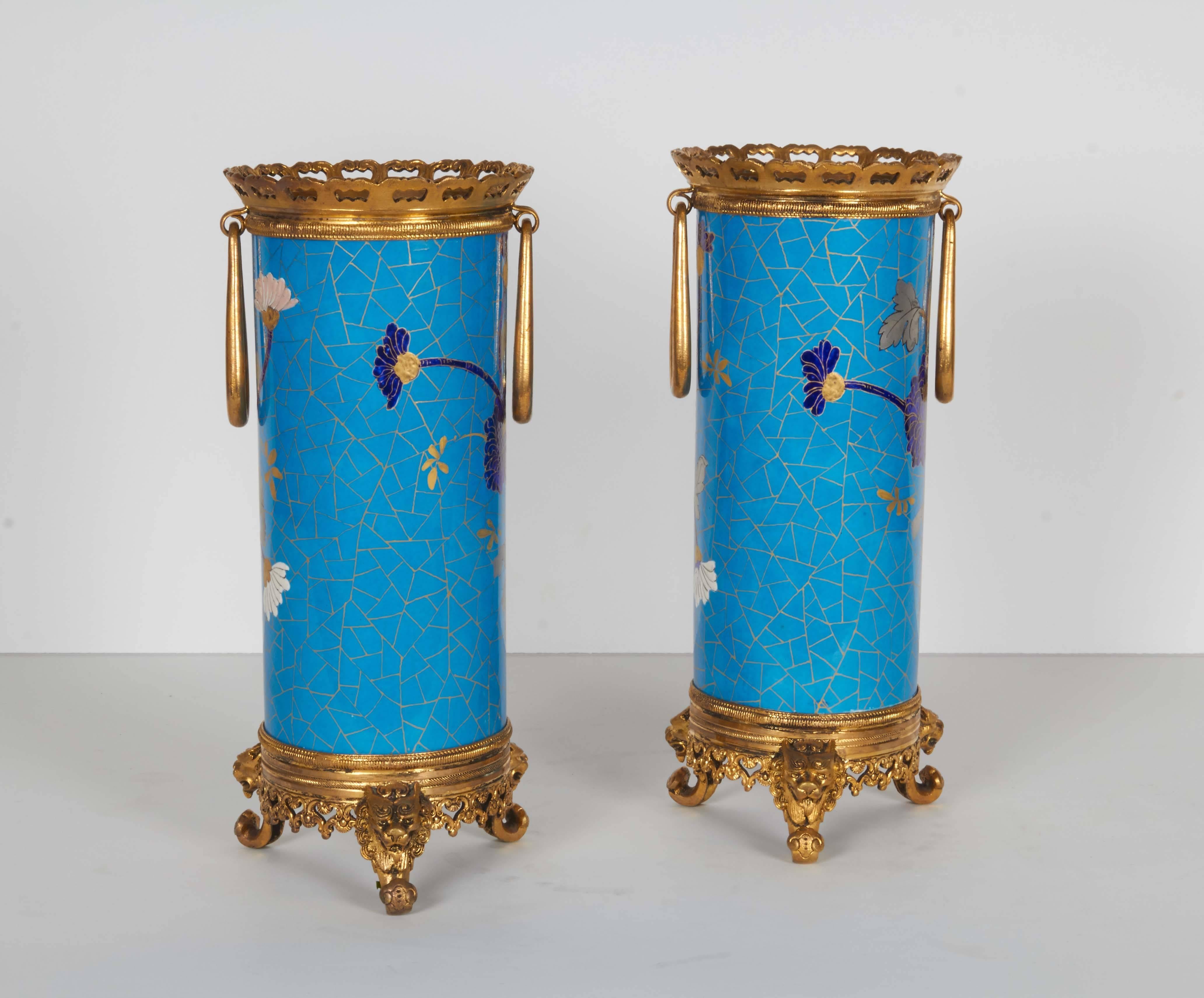 Bronze Pair of French Japonisme Ormolu-Mounted Blue Porcelain Vases Creil et Montereau