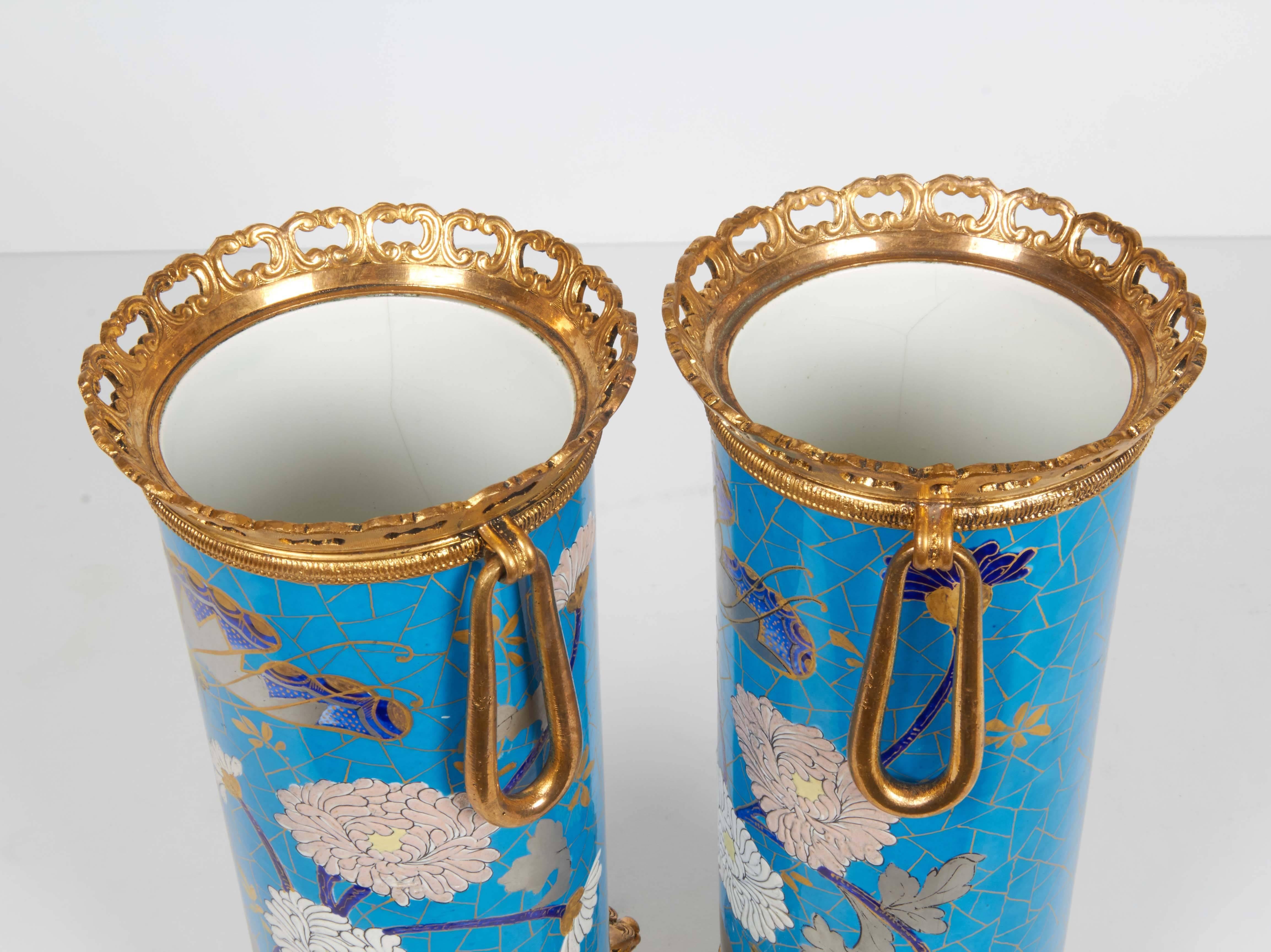 Pair of French Japonisme Ormolu-Mounted Blue Porcelain Vases Creil et Montereau 1