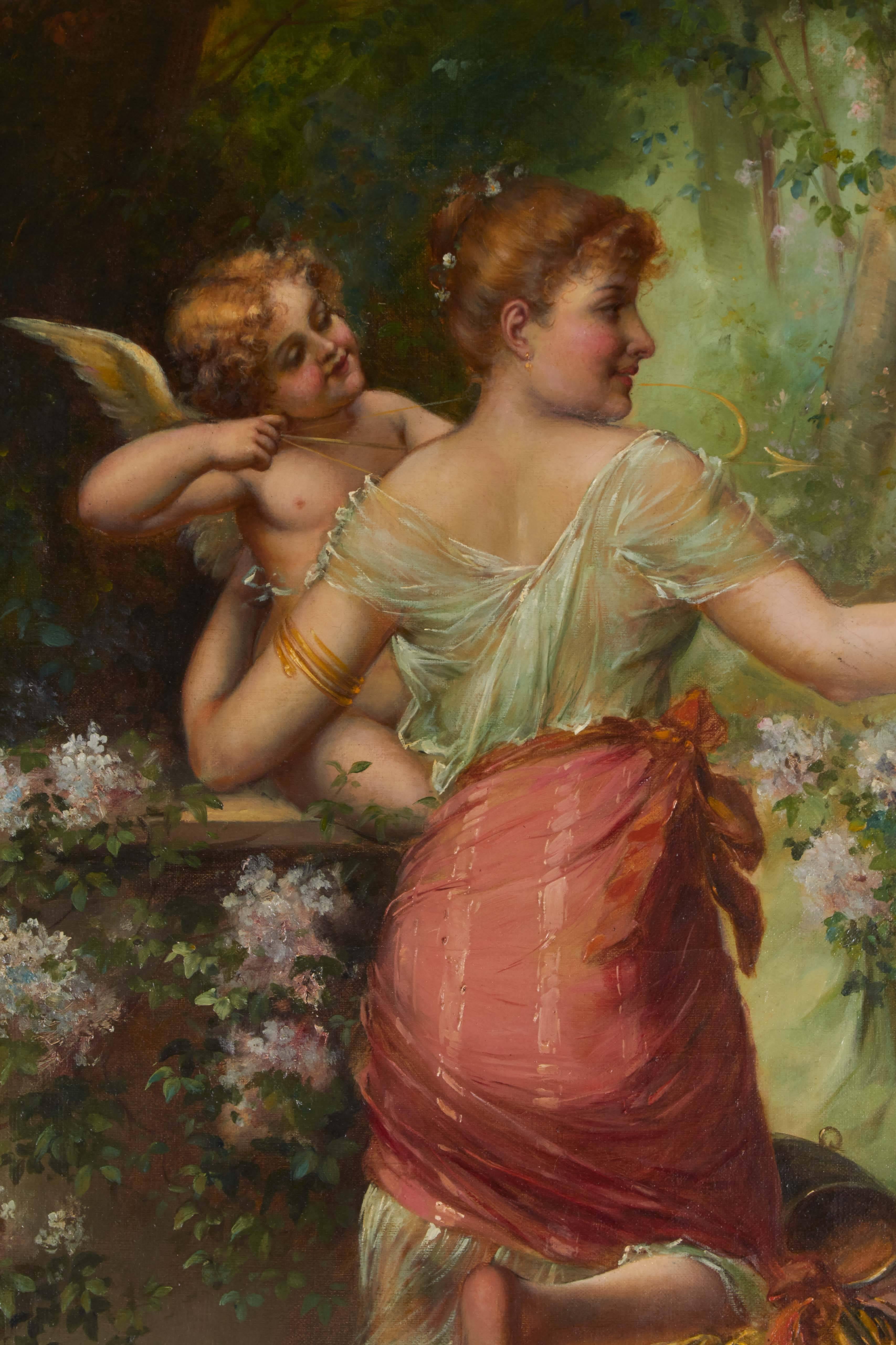 A very fine pair of oil on canvas paintings attributed to Hans Zatzka, unsigned, within giltwood frames.

The right: Venus and Amor standing near a fountain surrounded by flowers.
The left: Psyche and Cupid kneeling by the garden. 

The