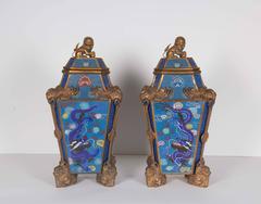 Pair Bronze-Mounted Chinese Cloisonné Enamel Vases and Covers Qing Dynasty