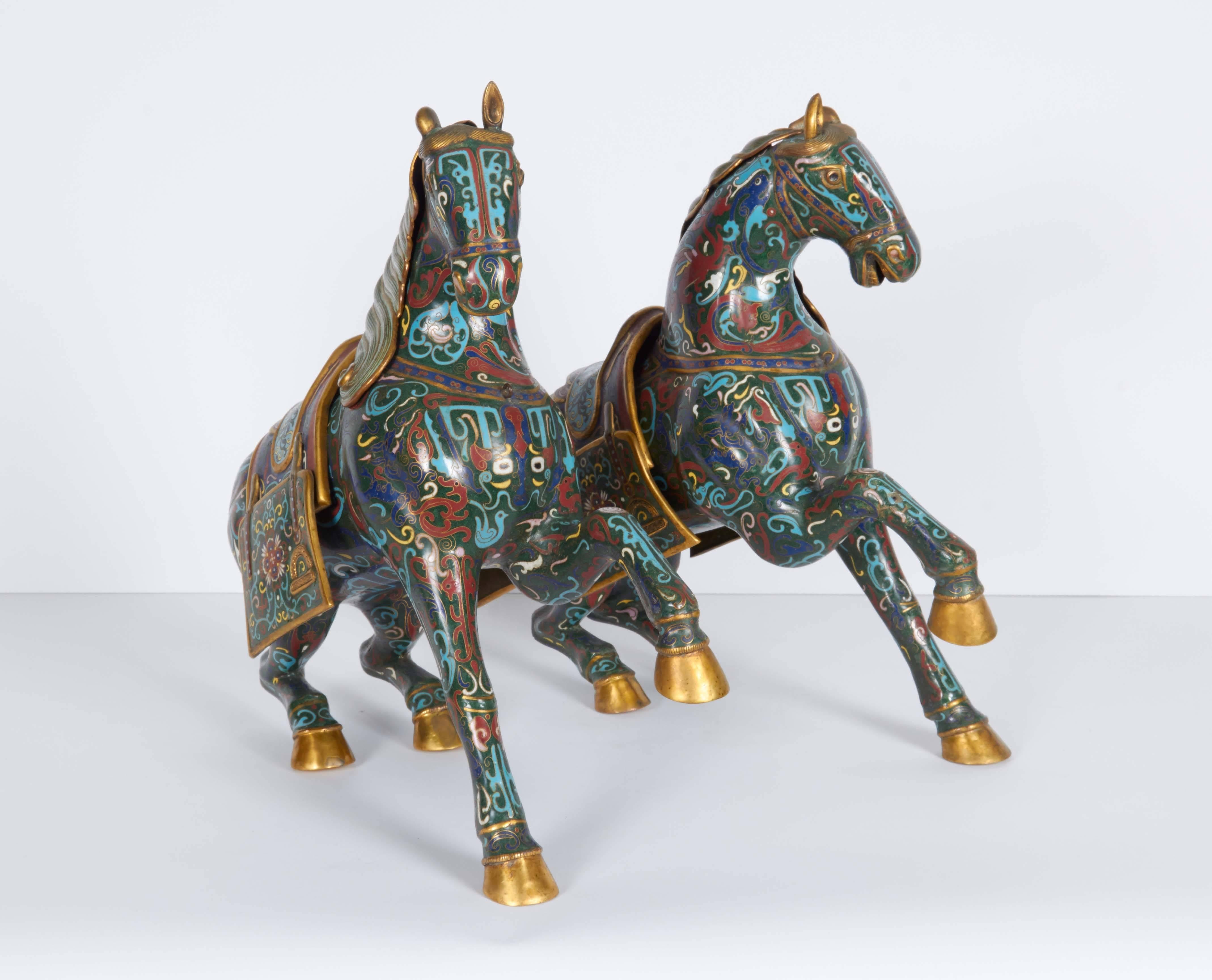 Pair of Chinese Cloisonné Enamel Green Horses / Zebra Archaistic In Excellent Condition In New York, NY