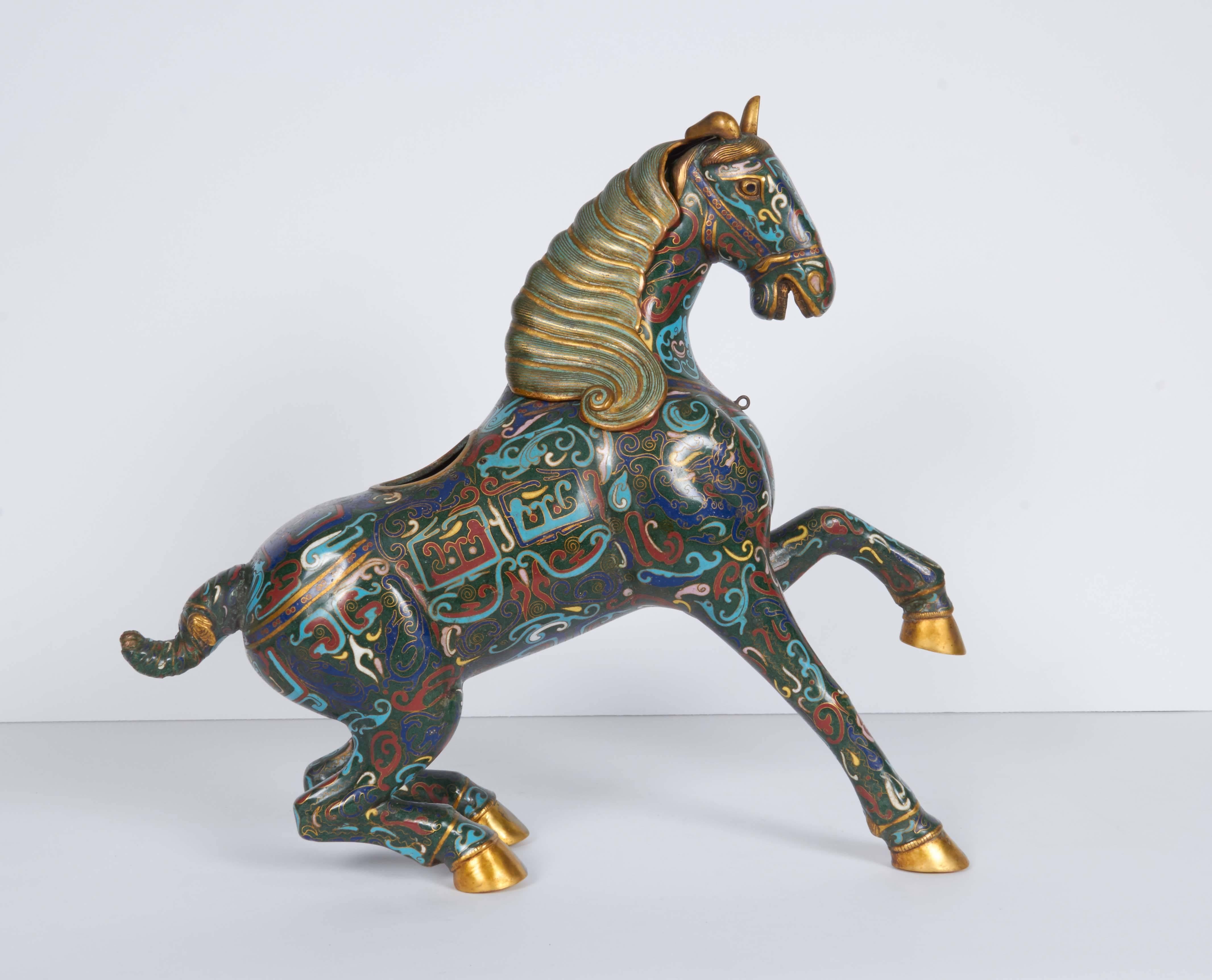 Pair of Chinese Cloisonné Enamel Green Horses / Zebra Archaistic 6