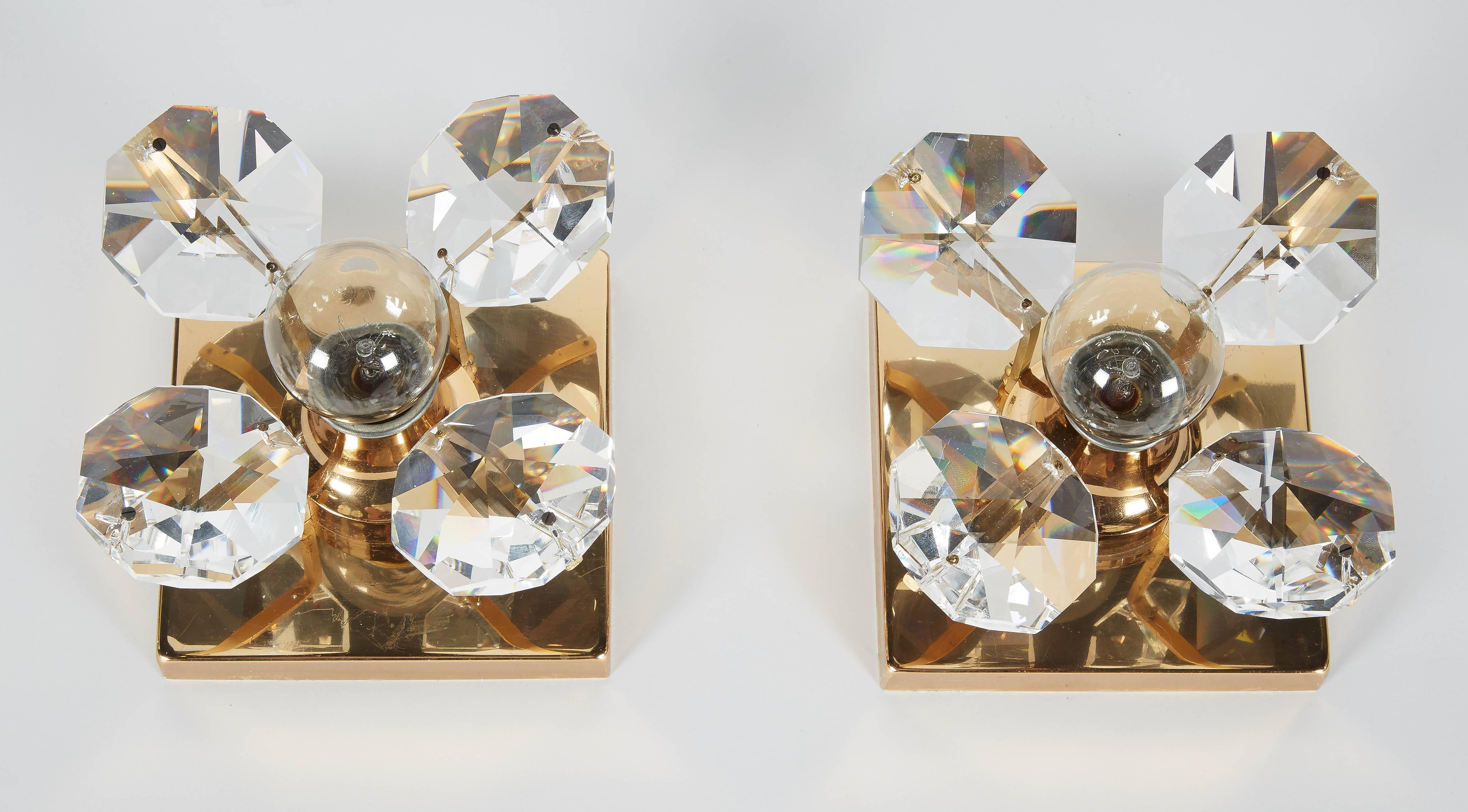 Mid-Century Modern Petite Crystal and Brass Sconces with Flower Design, Germany, circa 1970s