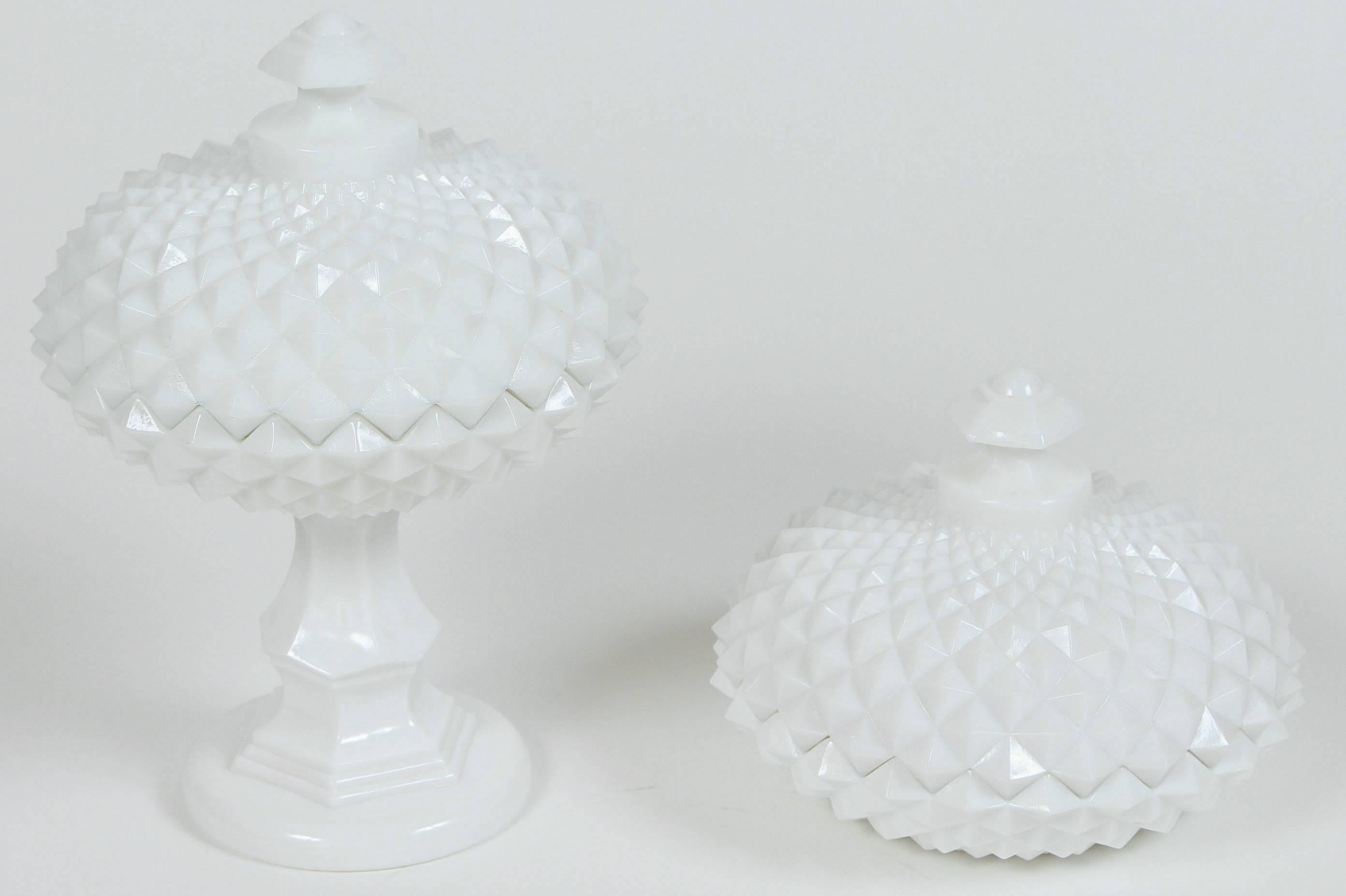 Vintage small footed milk glass compote with lid in the pyramid hobnail pattern, zig zag rim on lid and base.