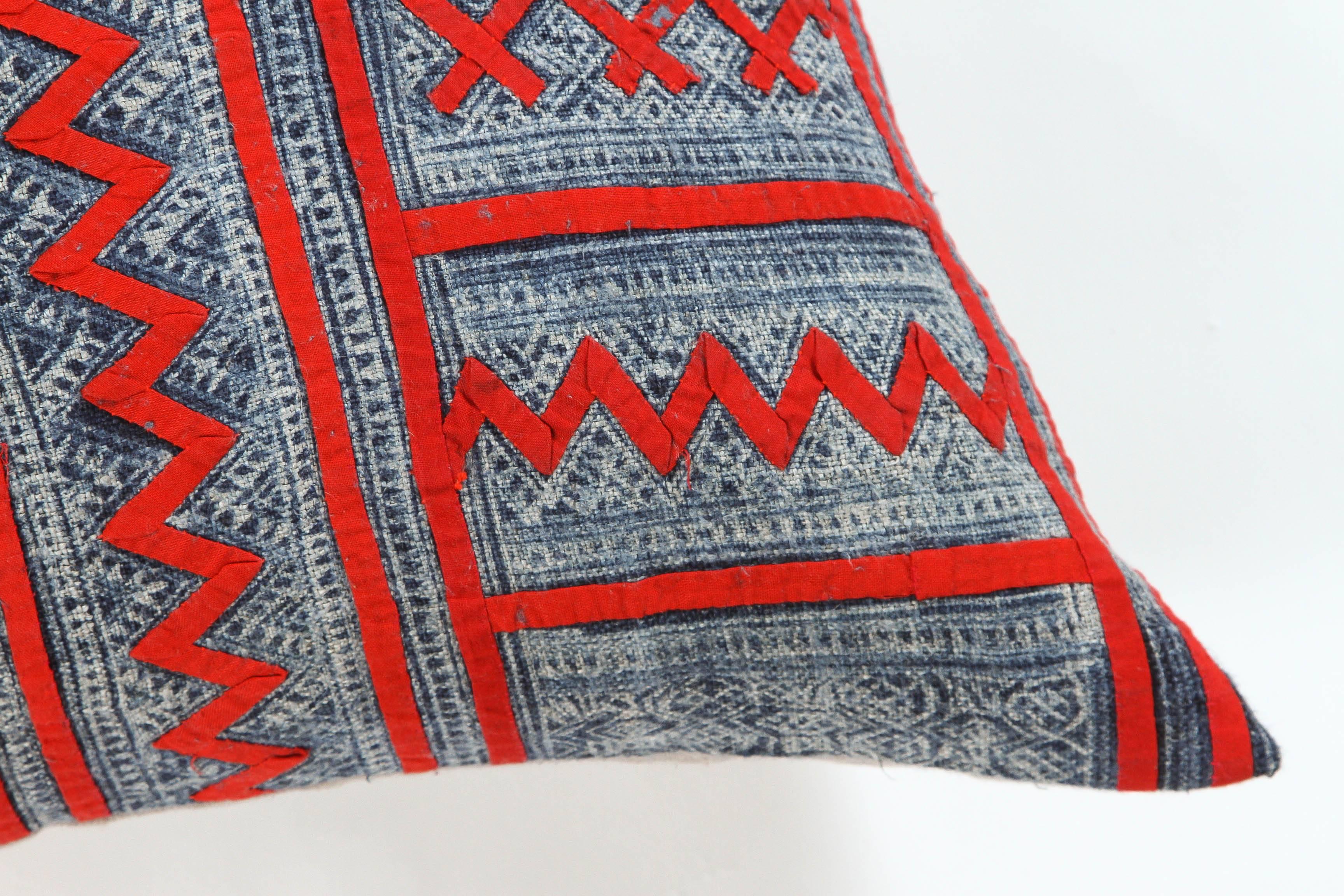 Chuck Gellar indigo and red African mud cloth pillow, 24 x 24.