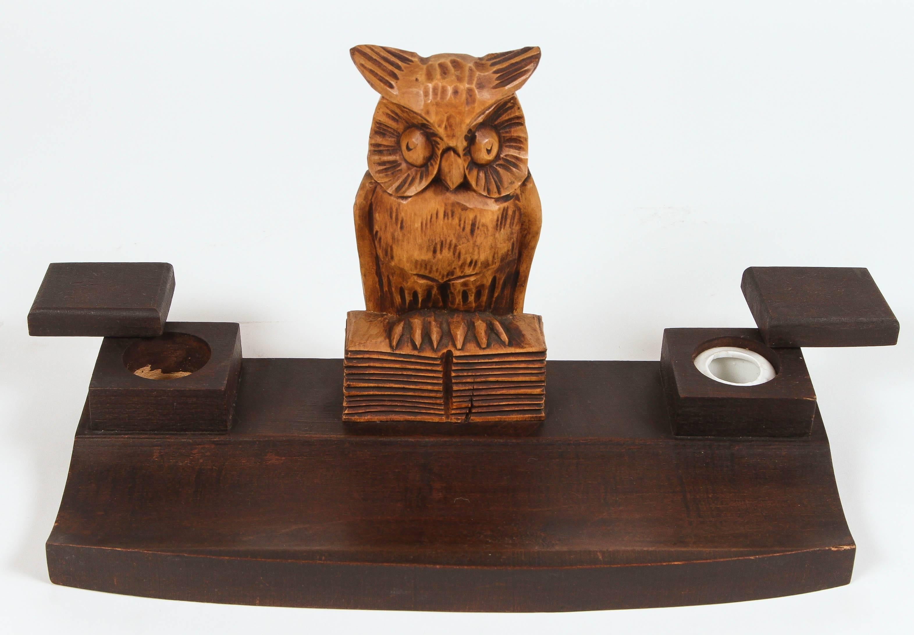 German Black Forest Wood Owl Desk Set