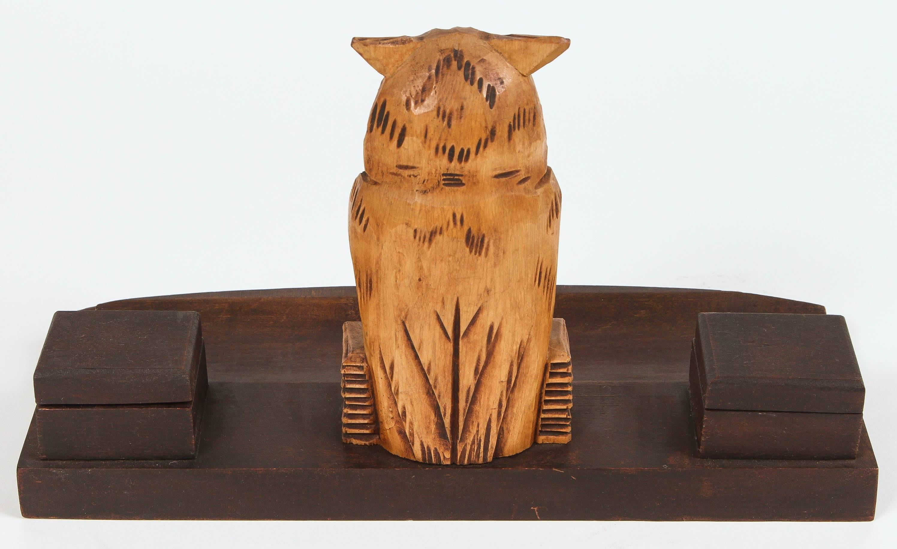 Early 20th Century Black Forest Wood Owl Desk Set