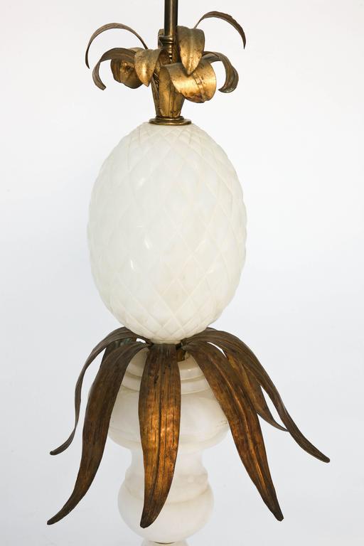 Alabaster Pineapple and Urn Lamp with Gilded Iron Leaves For Sale at
