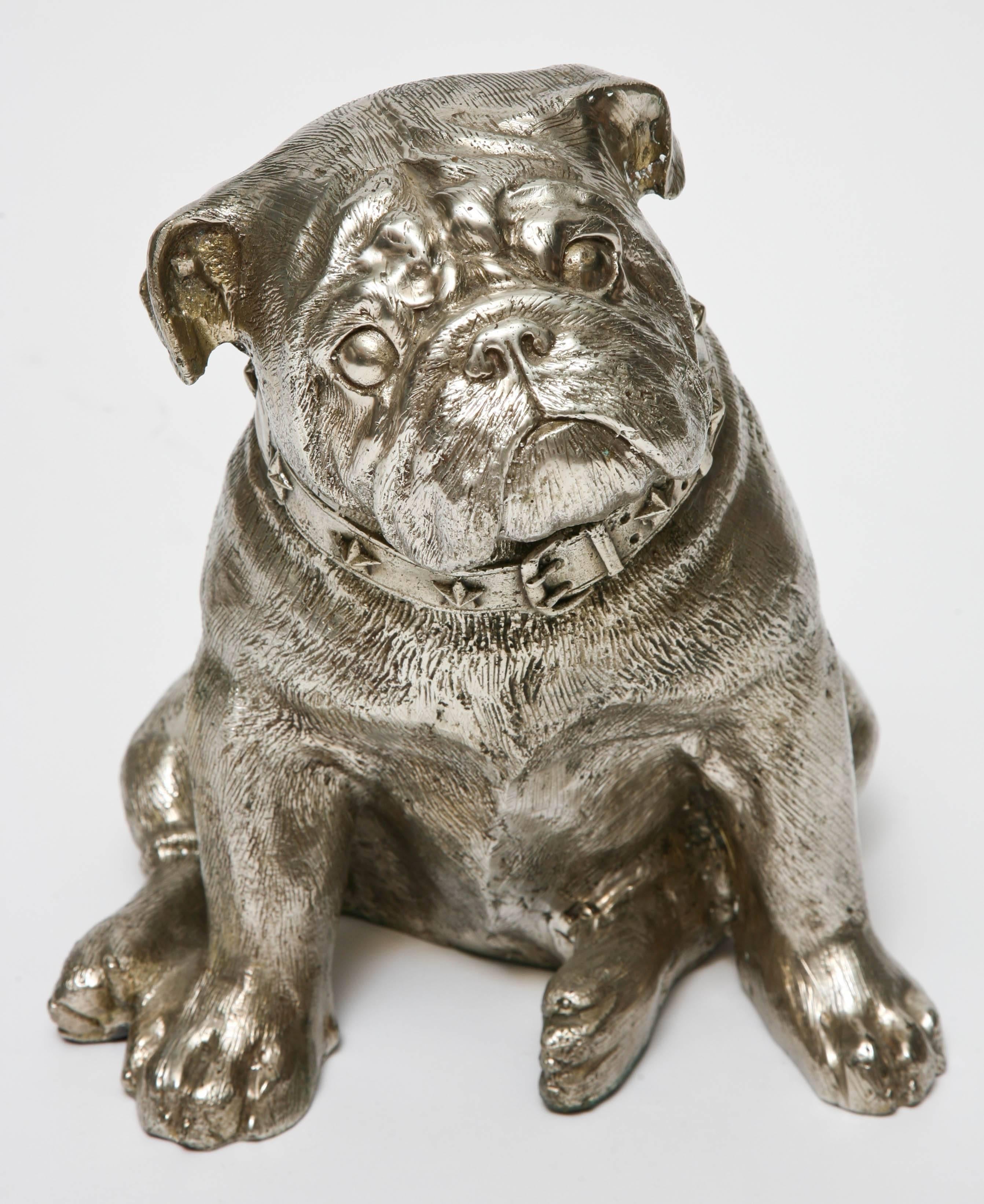 Delightful and beautifully detailed silver plate over bronze bull dog signed sculpture by Charles Valton.