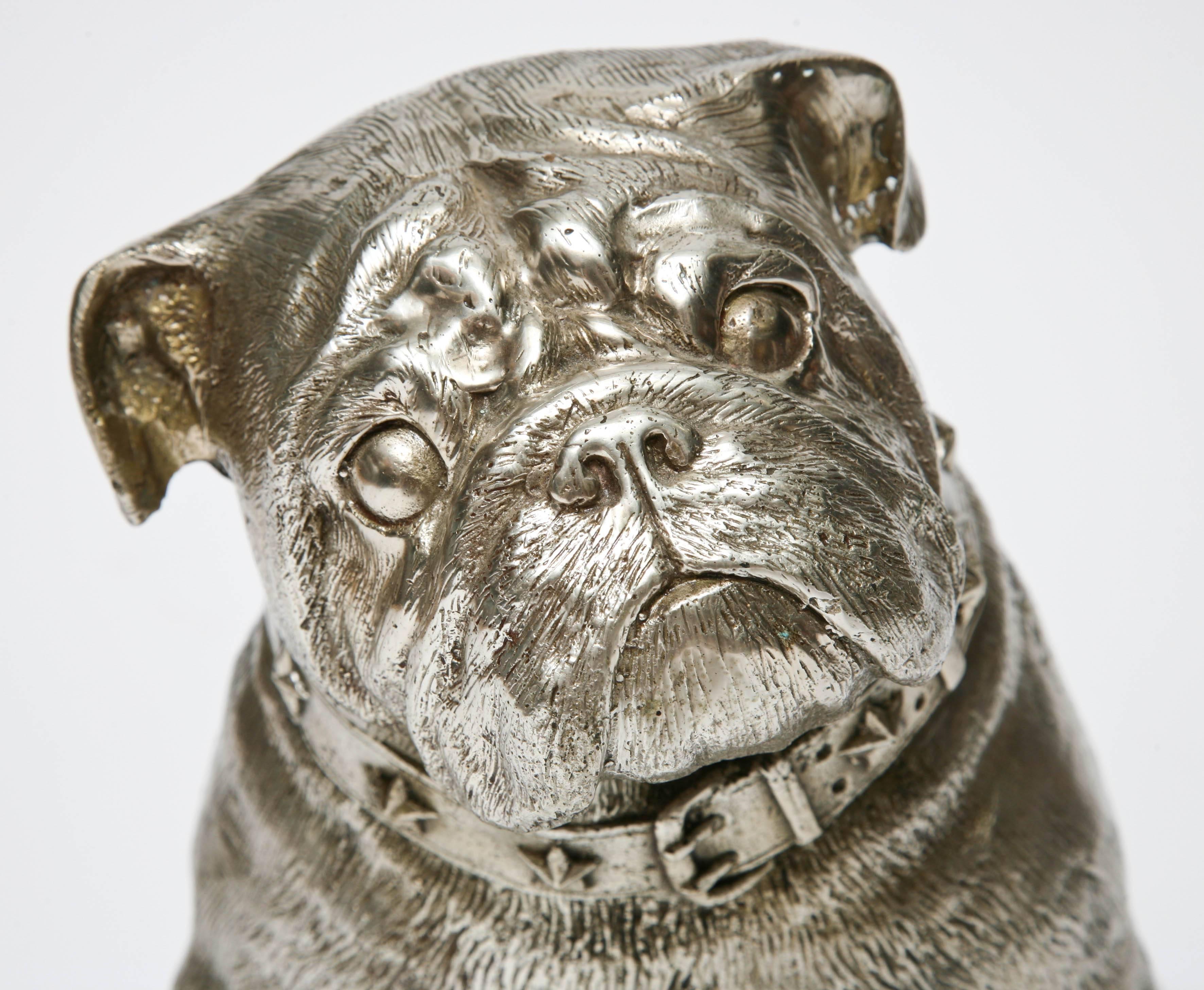 French Silver Plated Bronze Seated Bull Dog by C H Valton