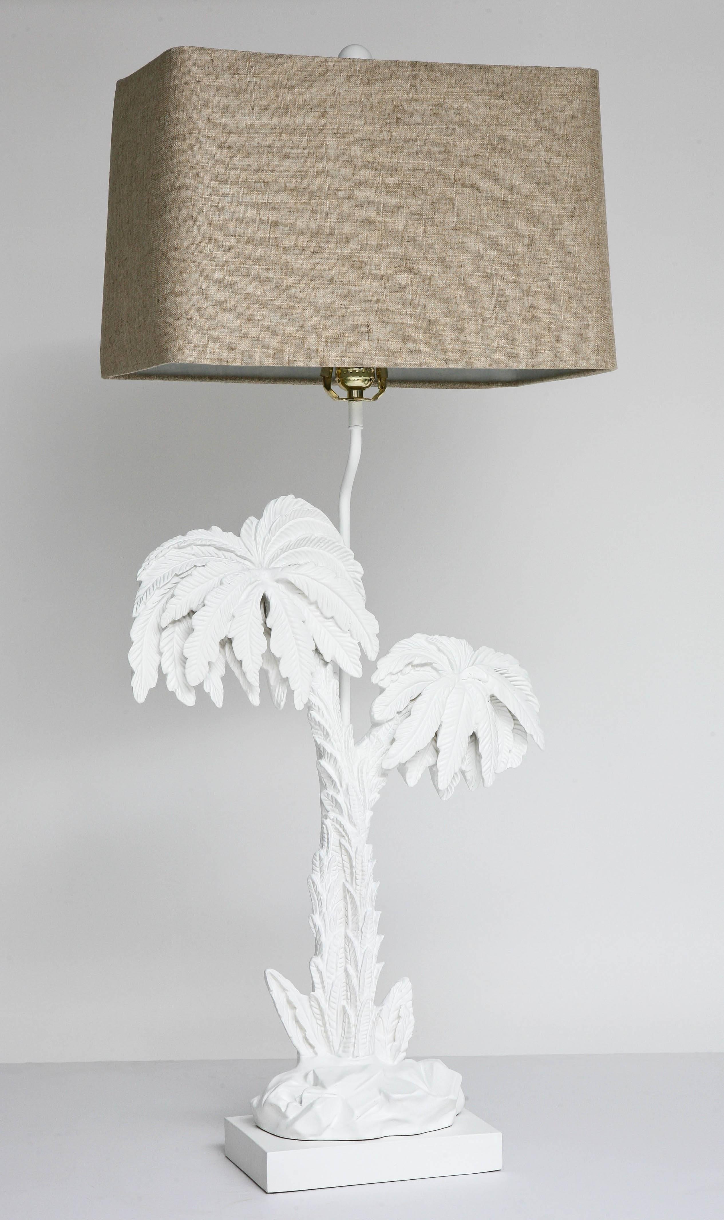 American Pair of Hollywood Regency Style Table Lamps with Palm Tree Motif in White