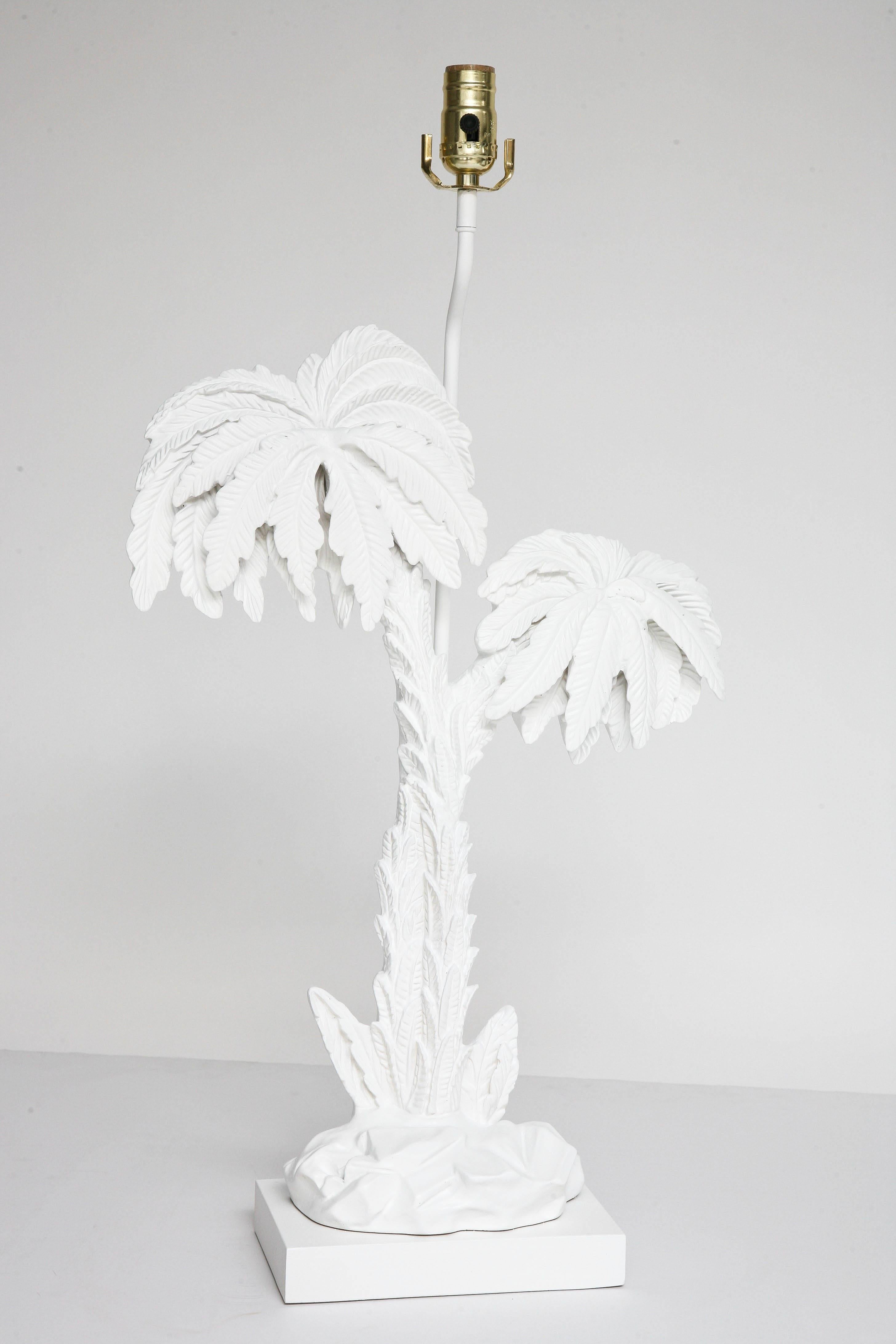 Composition Pair of Hollywood Regency Style Table Lamps with Palm Tree Motif in White