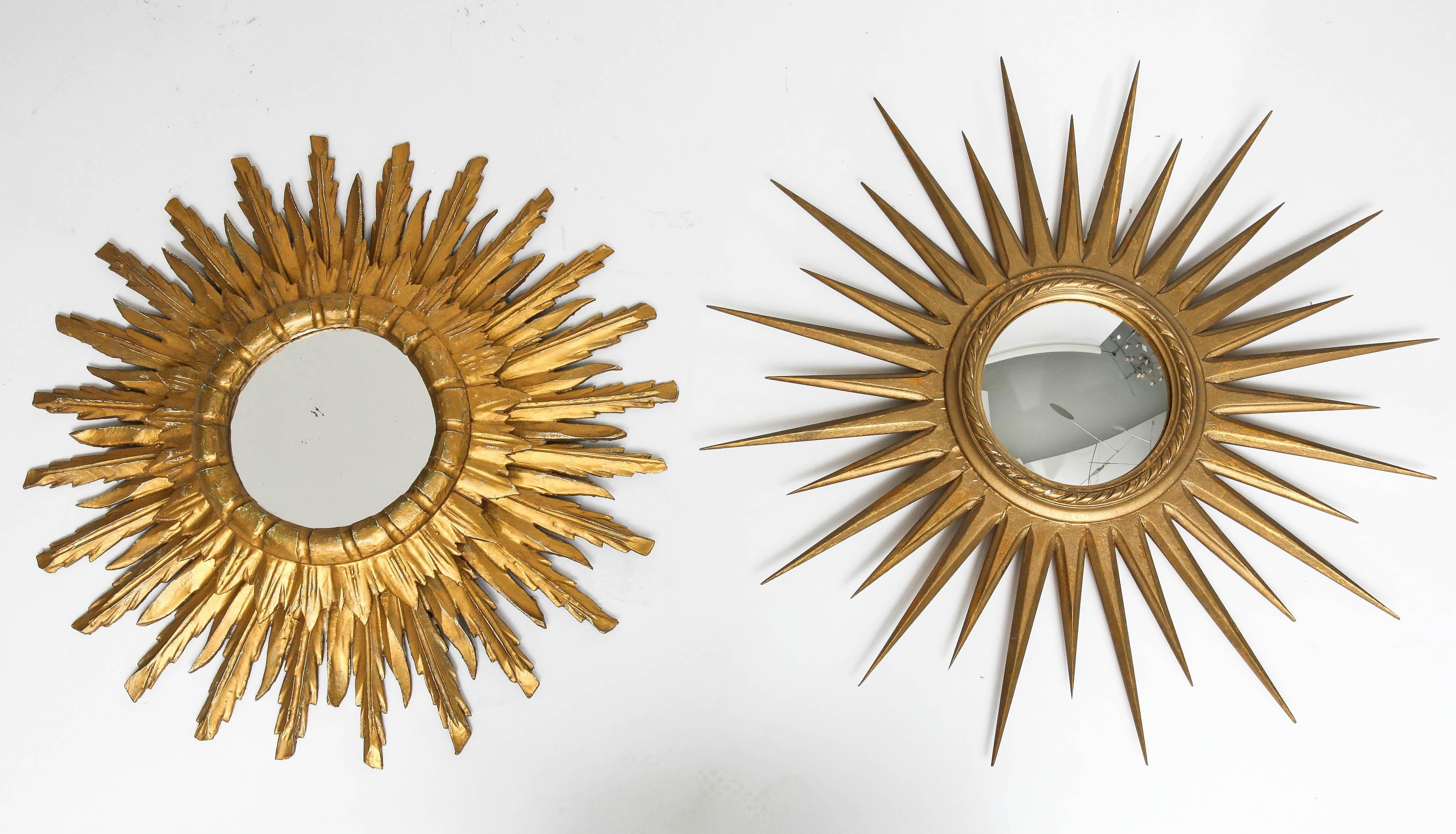 This set of two Louis XVI style sunburst mirrors were recently purchased in London and are actually French and may be purchased together or individually at $950.00 The mirror on the left-side of the main image is two-tier and the one the right-side