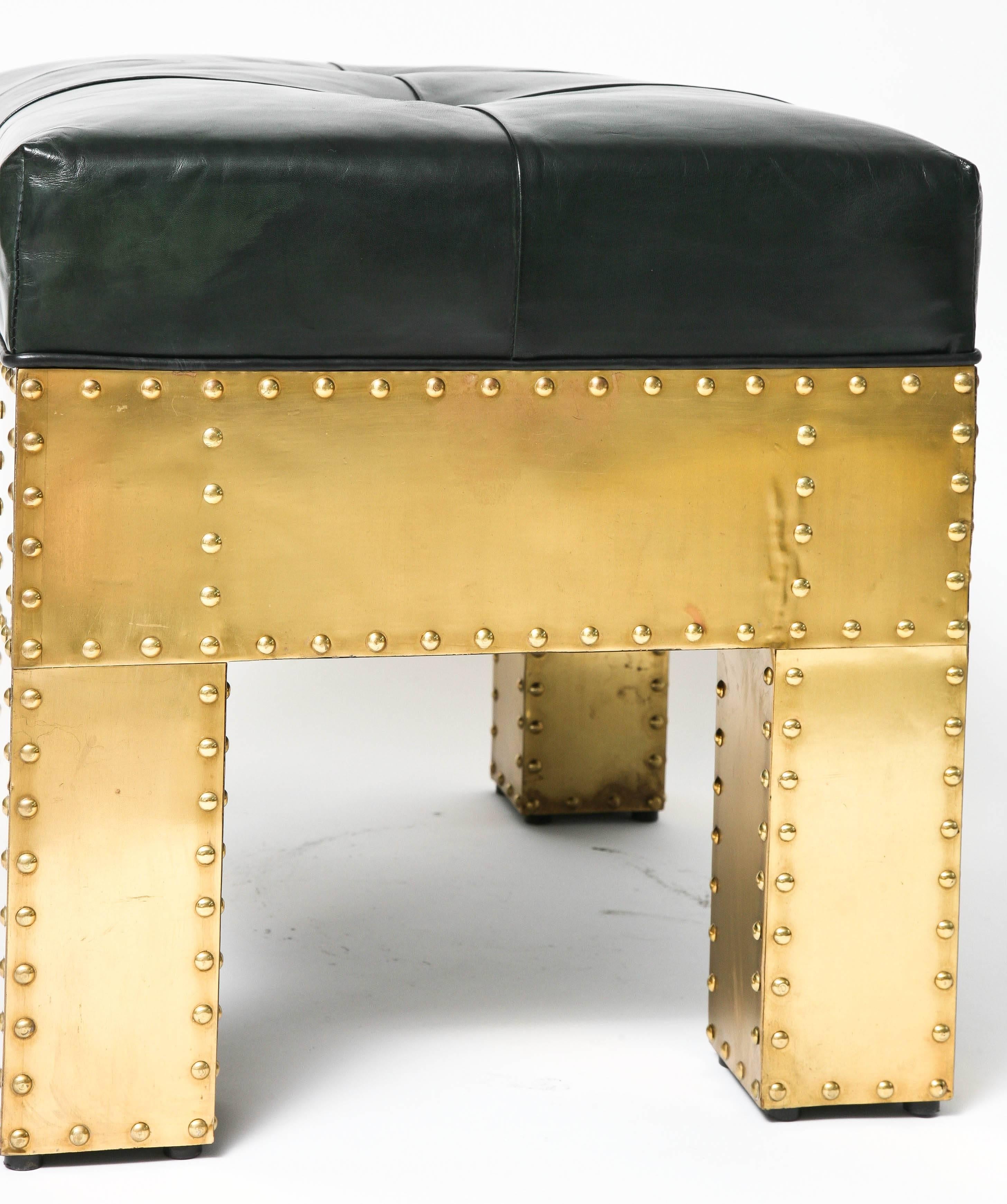 Rectangular Bench with Studded Brass and Leather Upholstery, Sarreid Ltd. 1