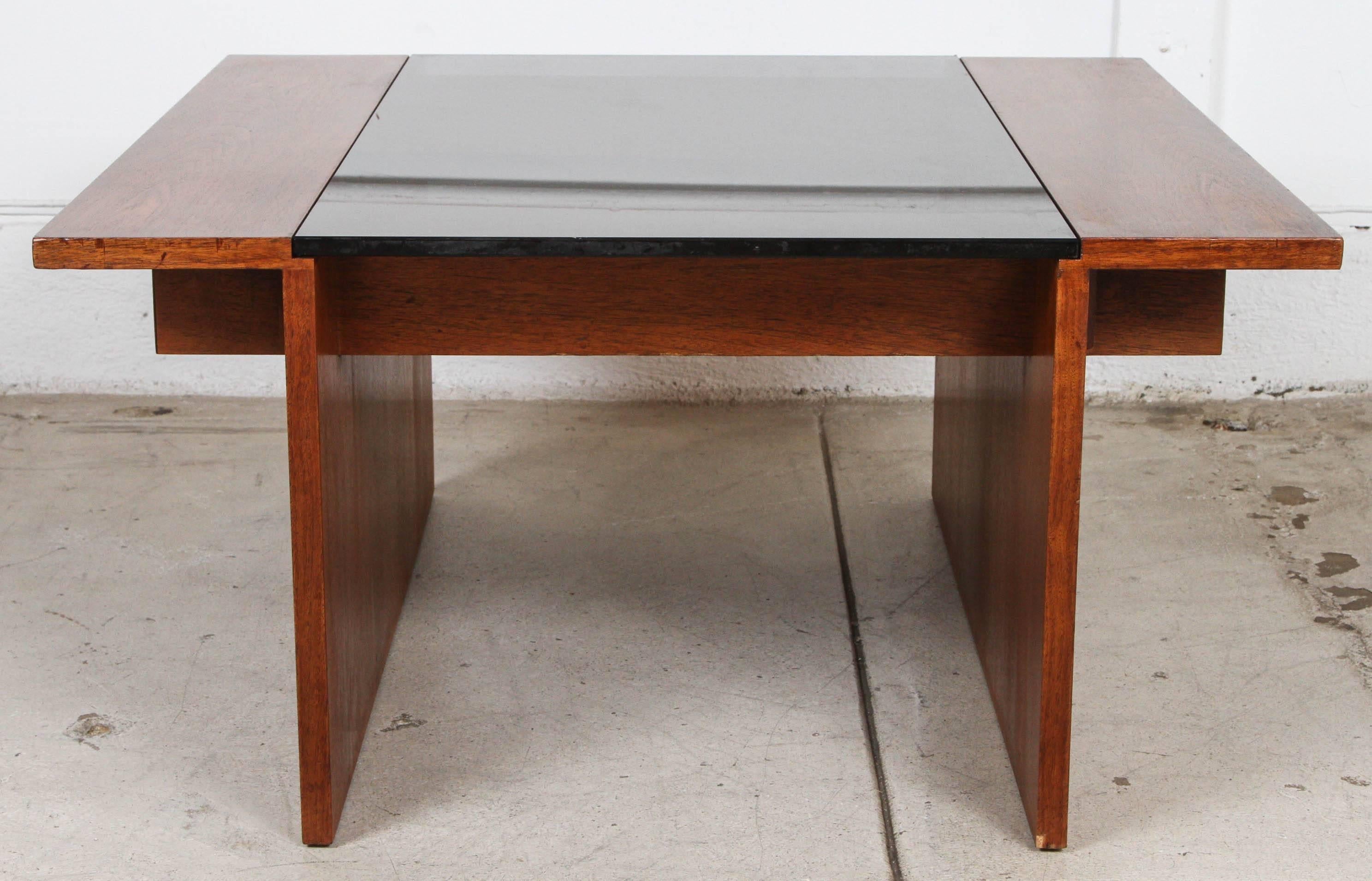Gerald McCabe for Brown Saltman side table. Walnut base with smoked glass inlaid top.