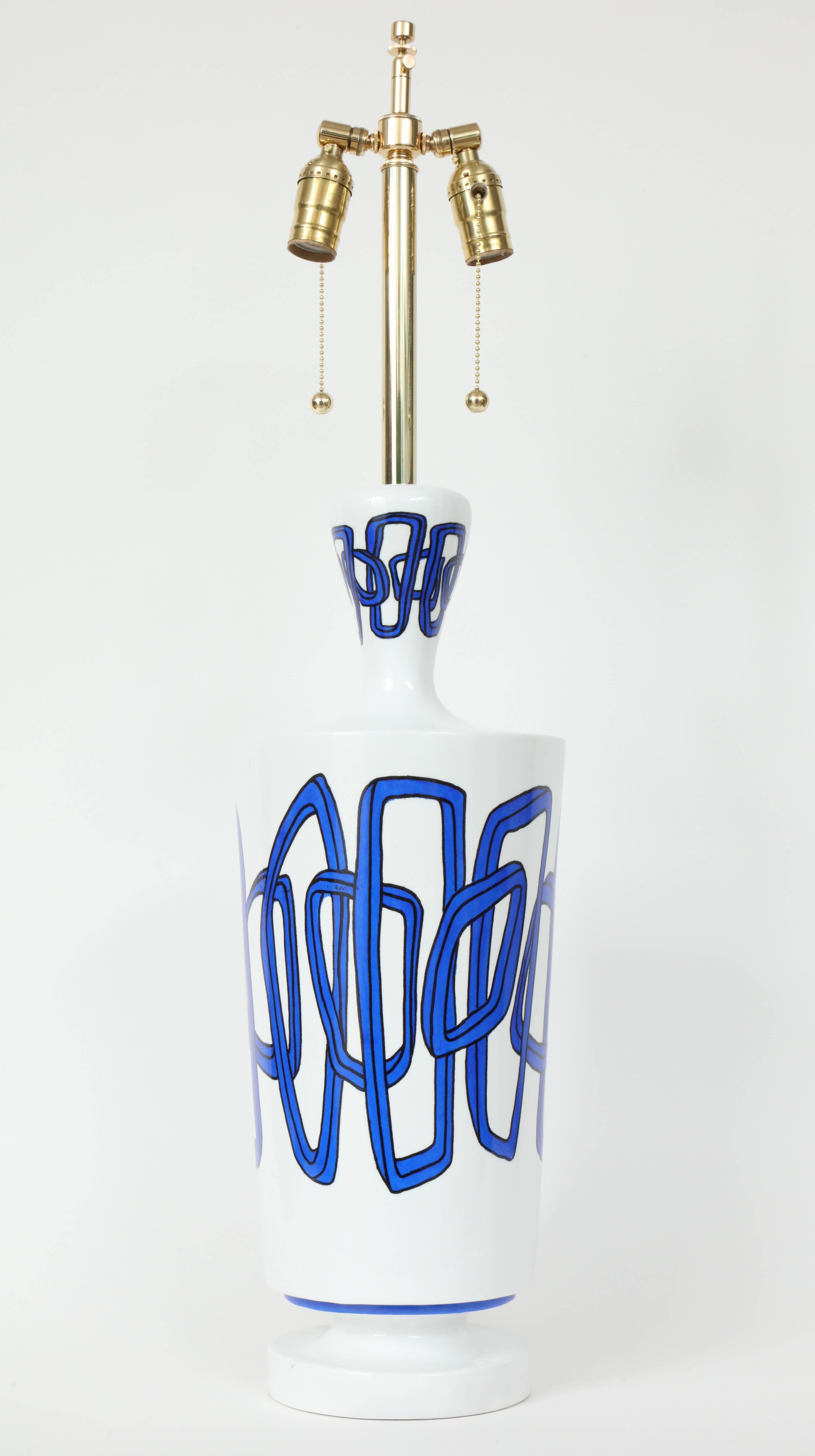 20th Century Nicolas Blandin Blue Trimmed White Porcelain Ceramic Lamps 