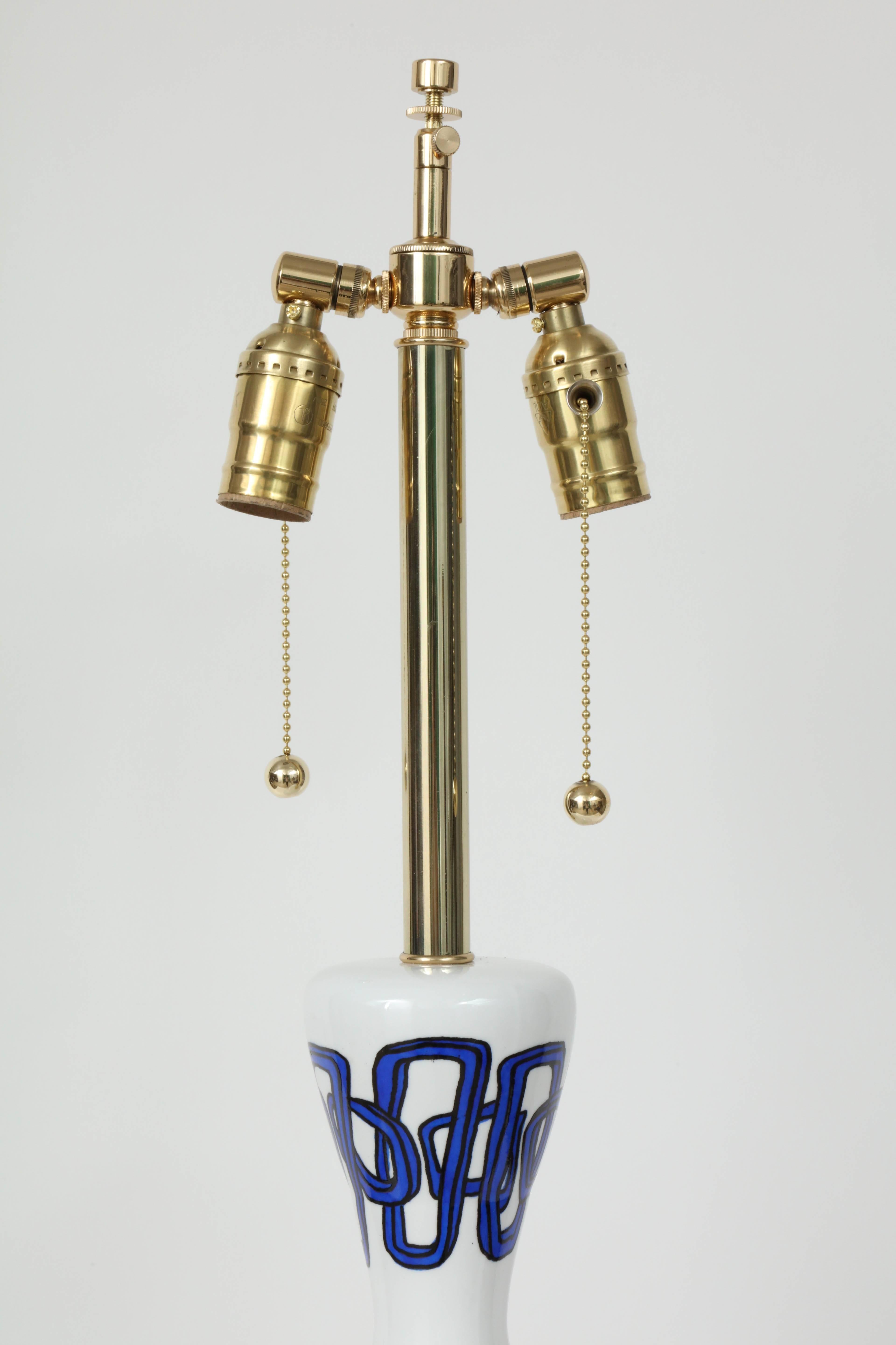 Brass Nicolas Blandin Blue Trimmed White Porcelain Ceramic Lamps 