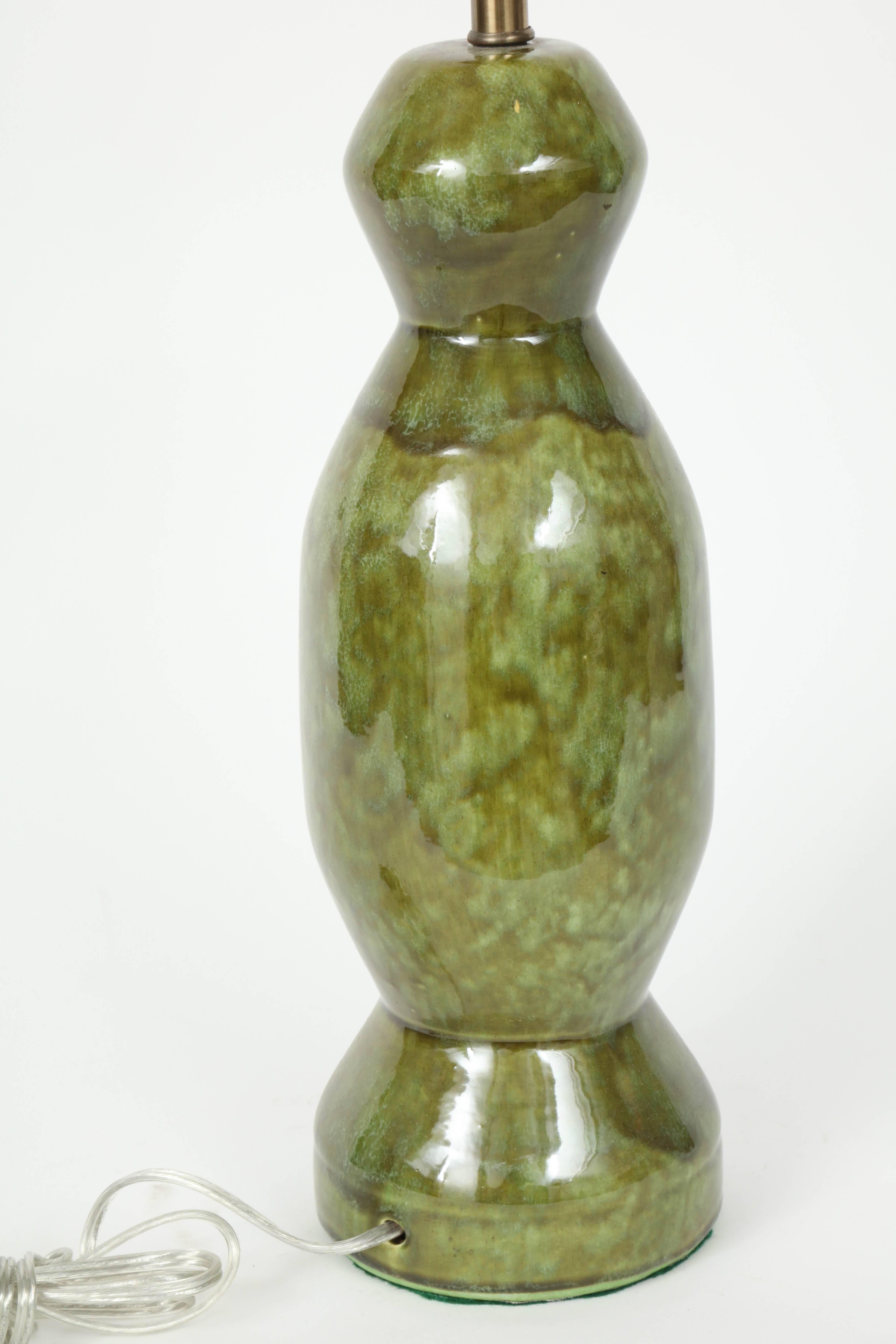 Pair of French 1940s Mottled Green Ceramic Lamps 2