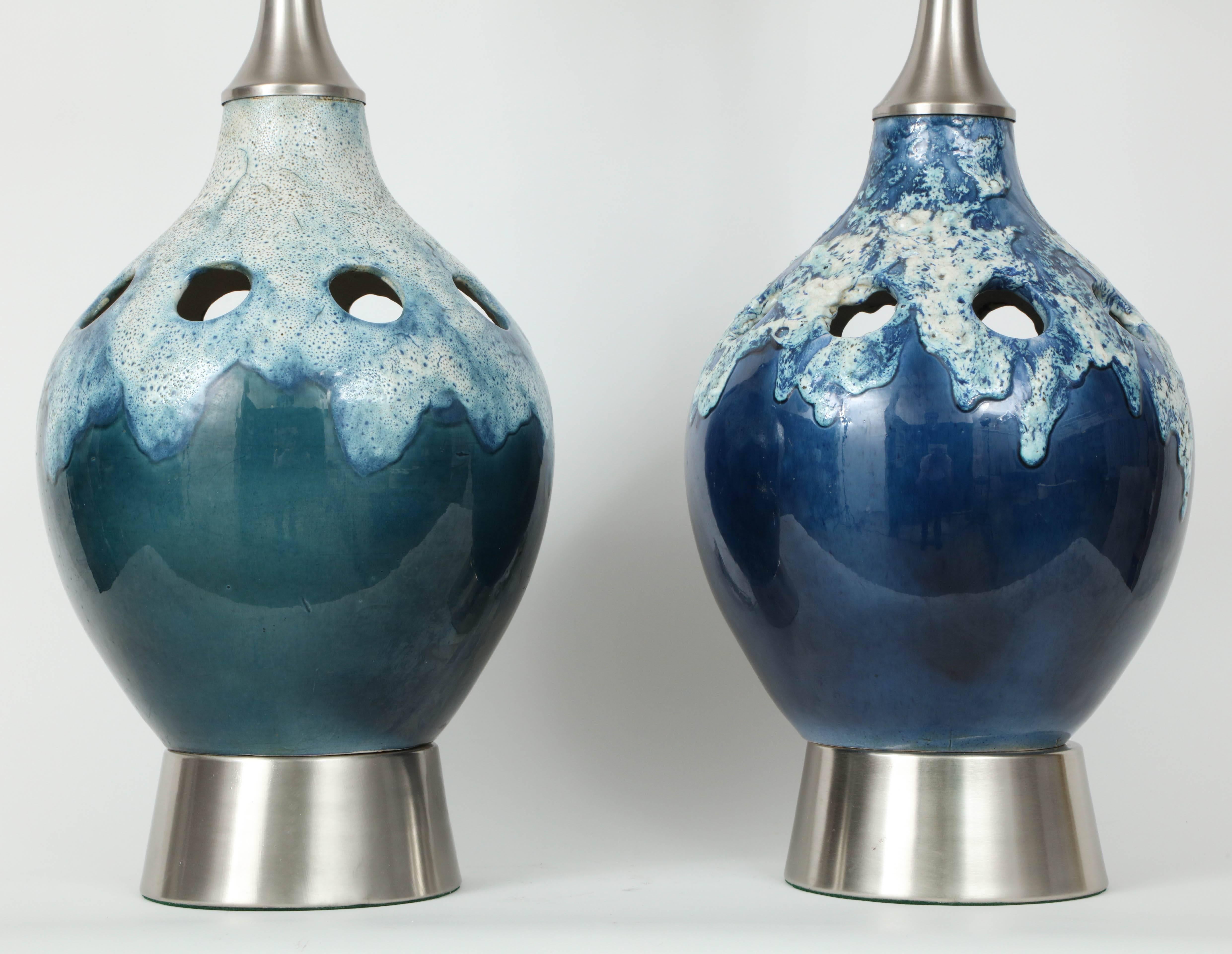 Mid-Century Modern Pair of Italian Ocean Blue/Green Ceramic Lamps