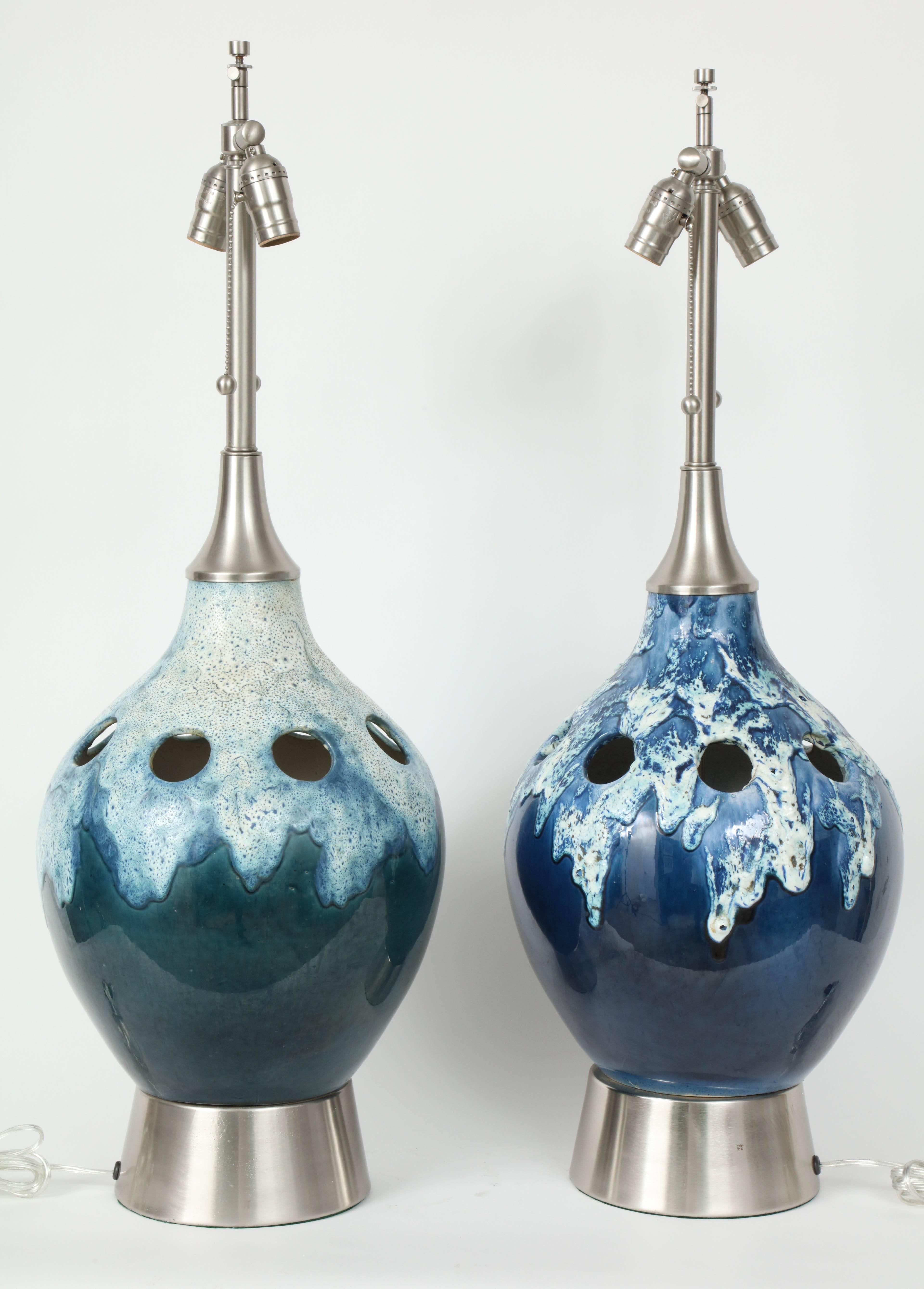 Pair of Italian Ocean Blue/Green Ceramic Lamps 5