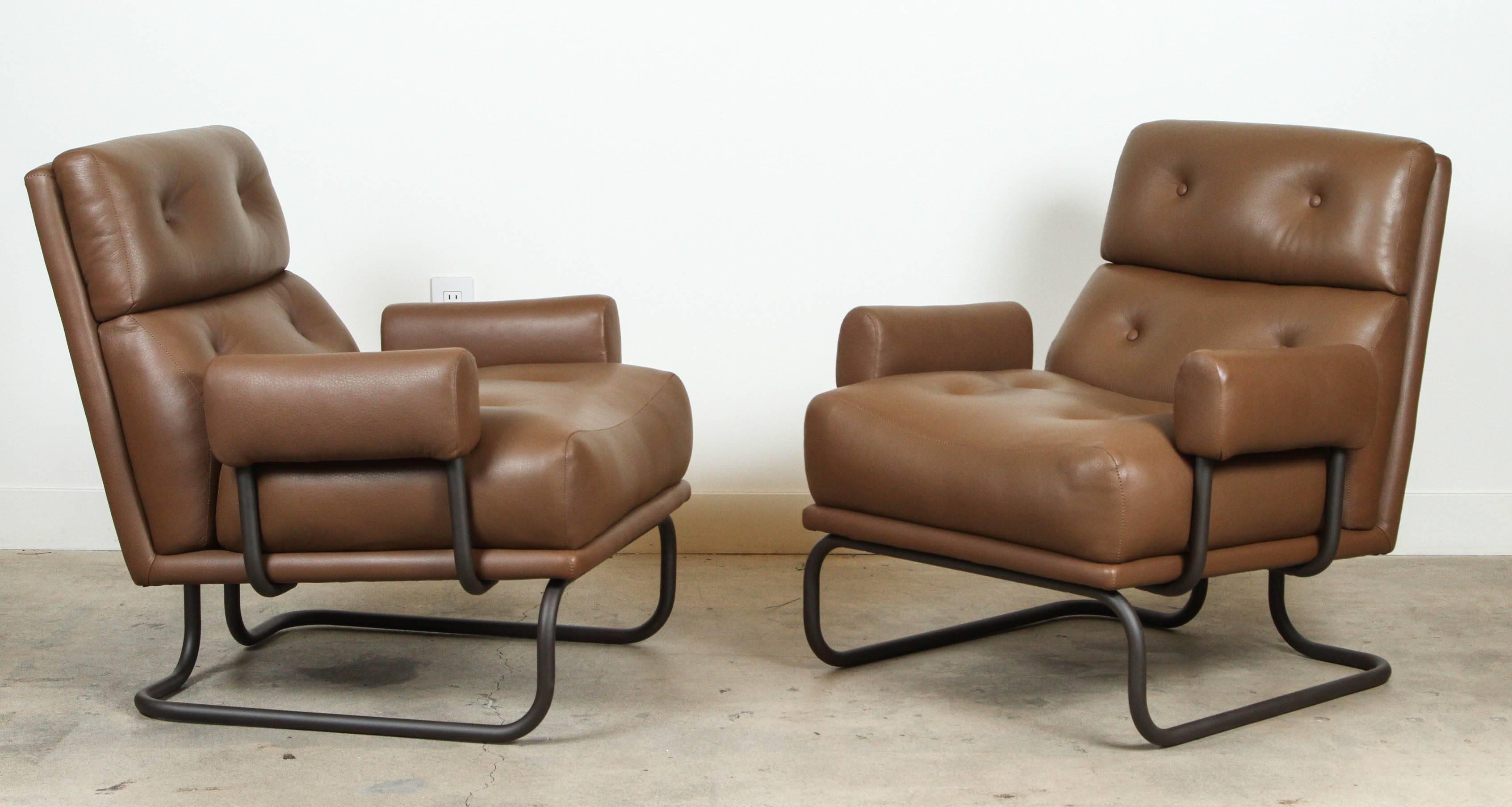 Pair of bronze and leather chairs for Stendig.