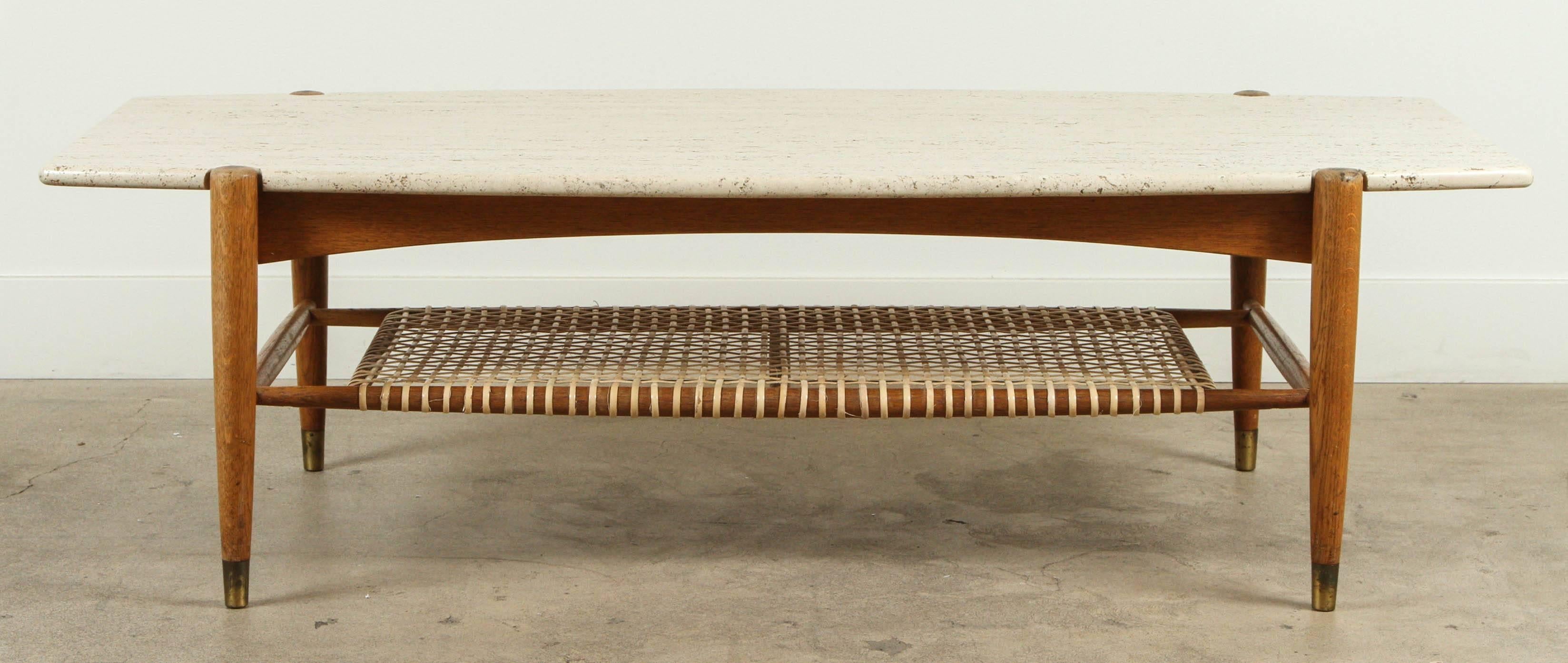 Travertine and rattan coffee table with oak base by Bruno Mathsson for DUX.