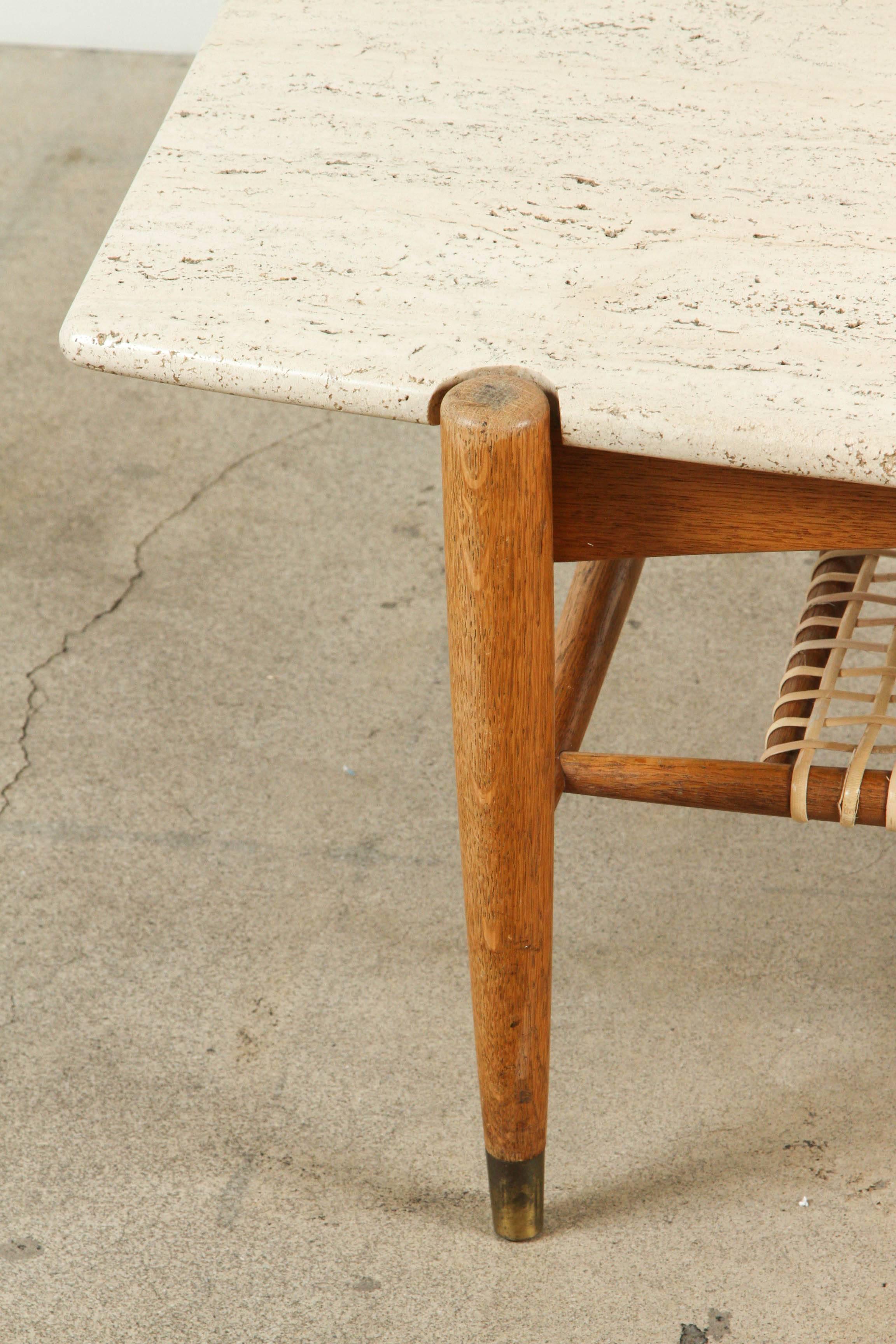 Swedish Travertine and Rattan Coffee Table by Bruno Mathsson for DUX