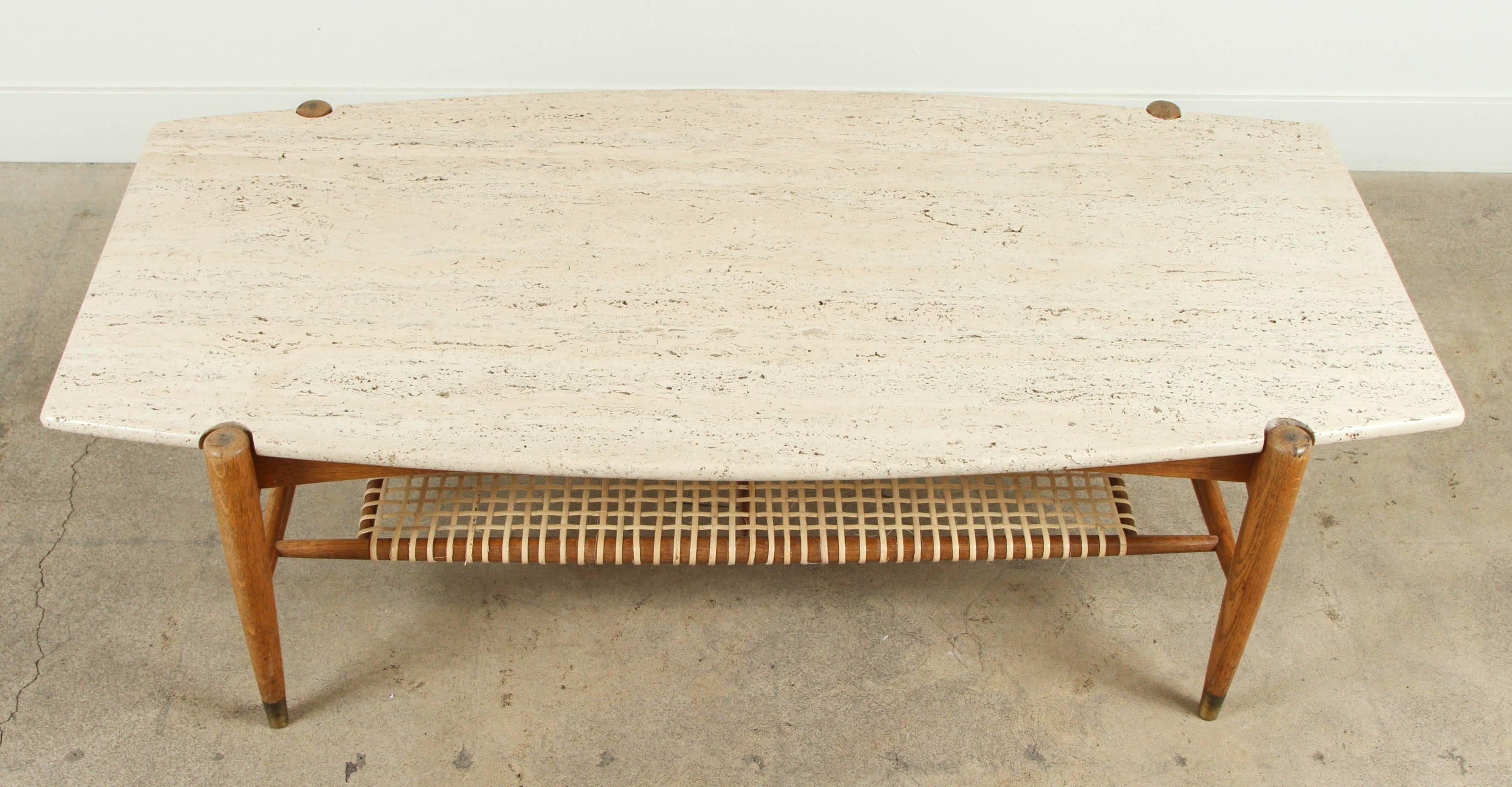 Travertine and Rattan Coffee Table by Bruno Mathsson for DUX In Excellent Condition In Los Angeles, CA
