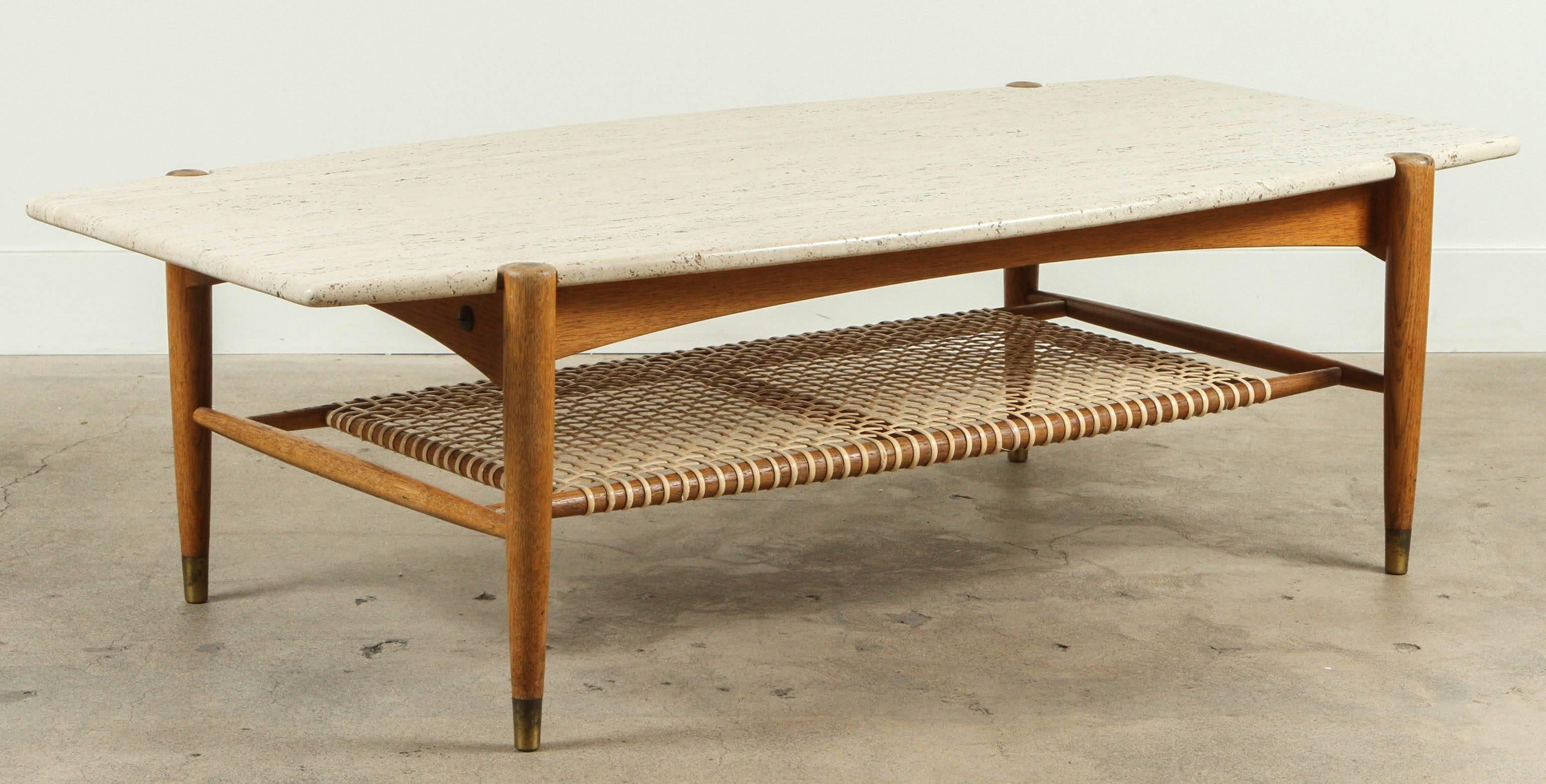 Oak Travertine and Rattan Coffee Table by Bruno Mathsson for DUX