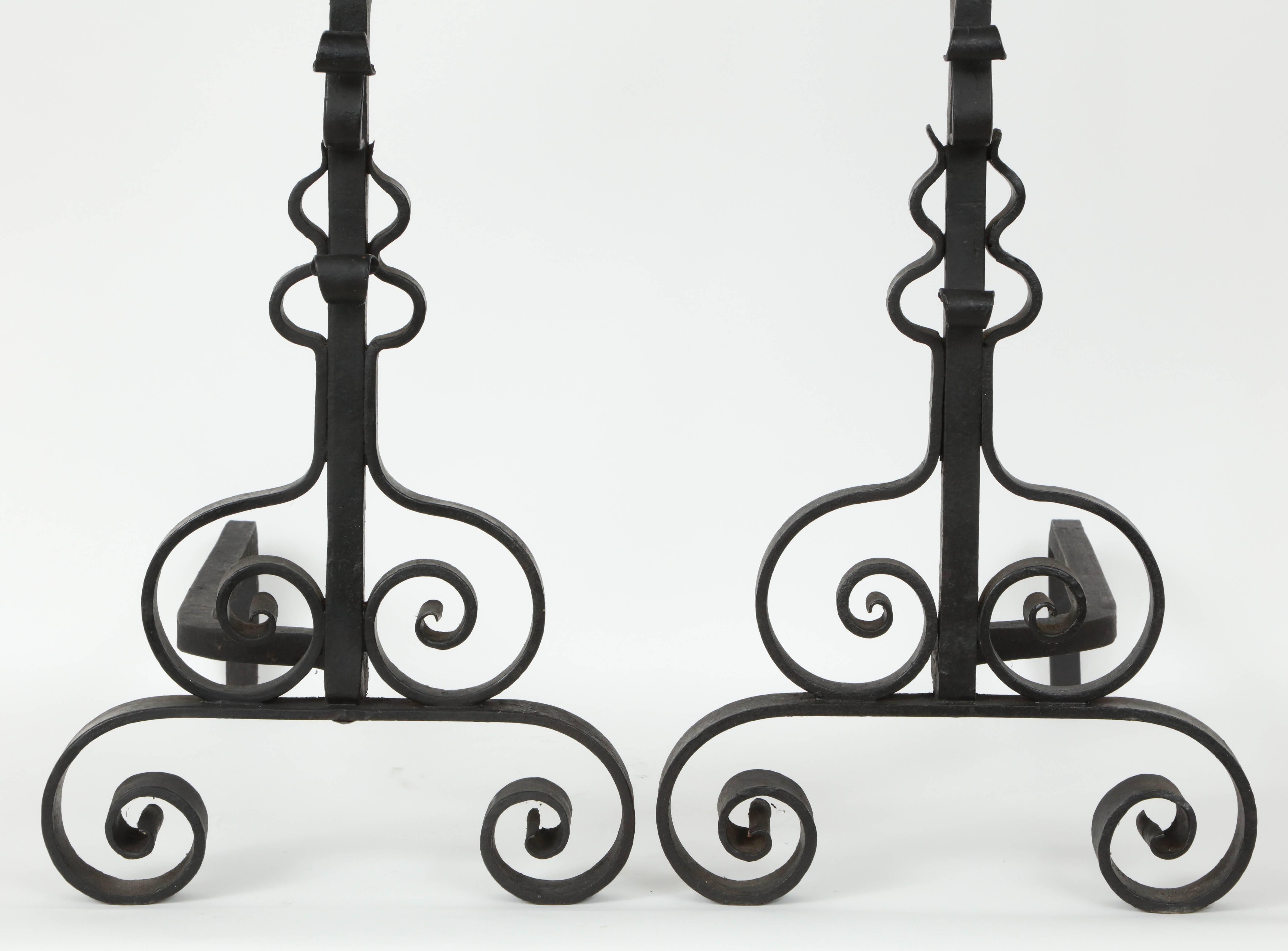French 1930s Wrought Iron Andirons In Excellent Condition In New York, NY