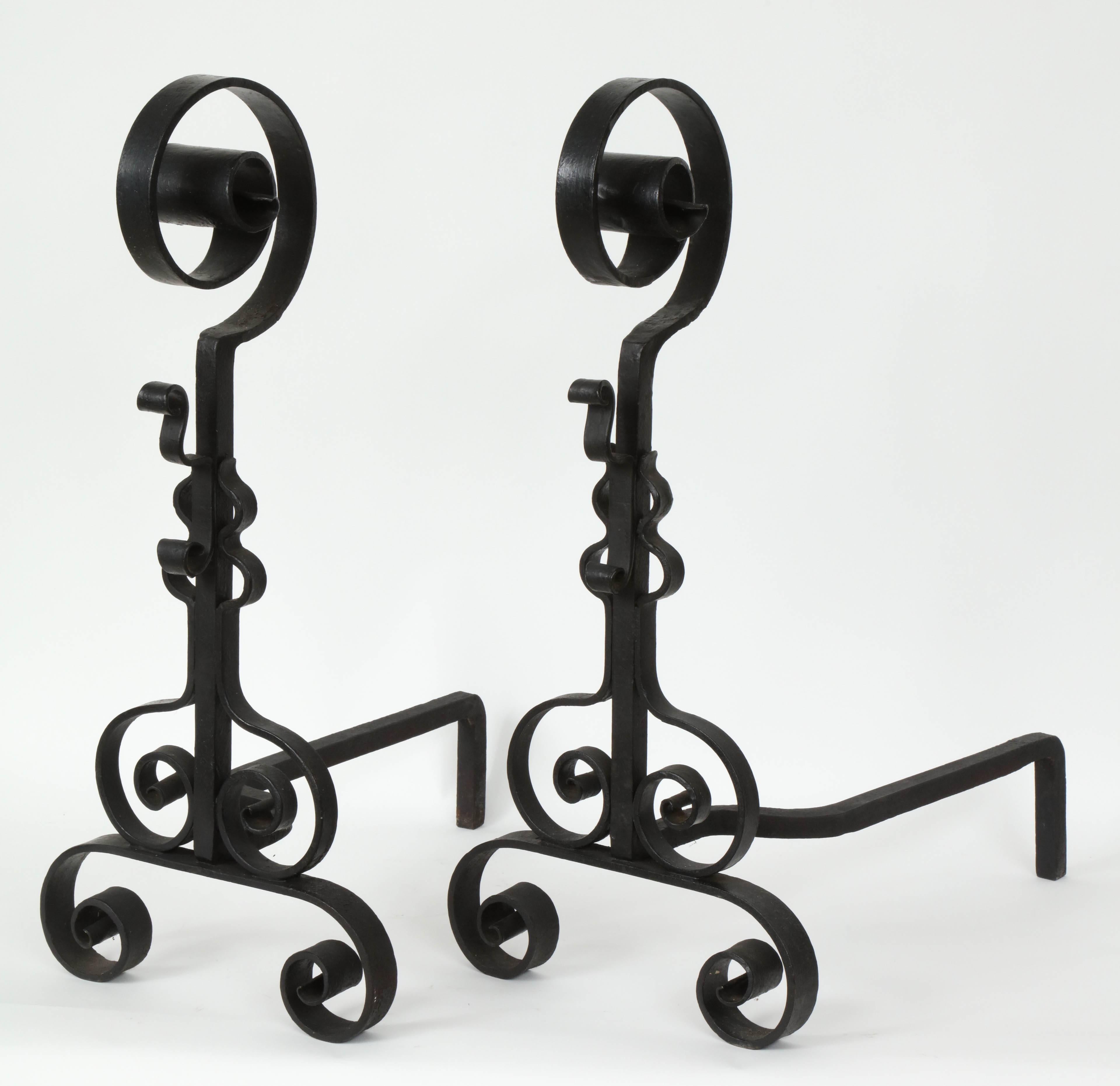 Arts and Crafts French 1930s Wrought Iron Andirons