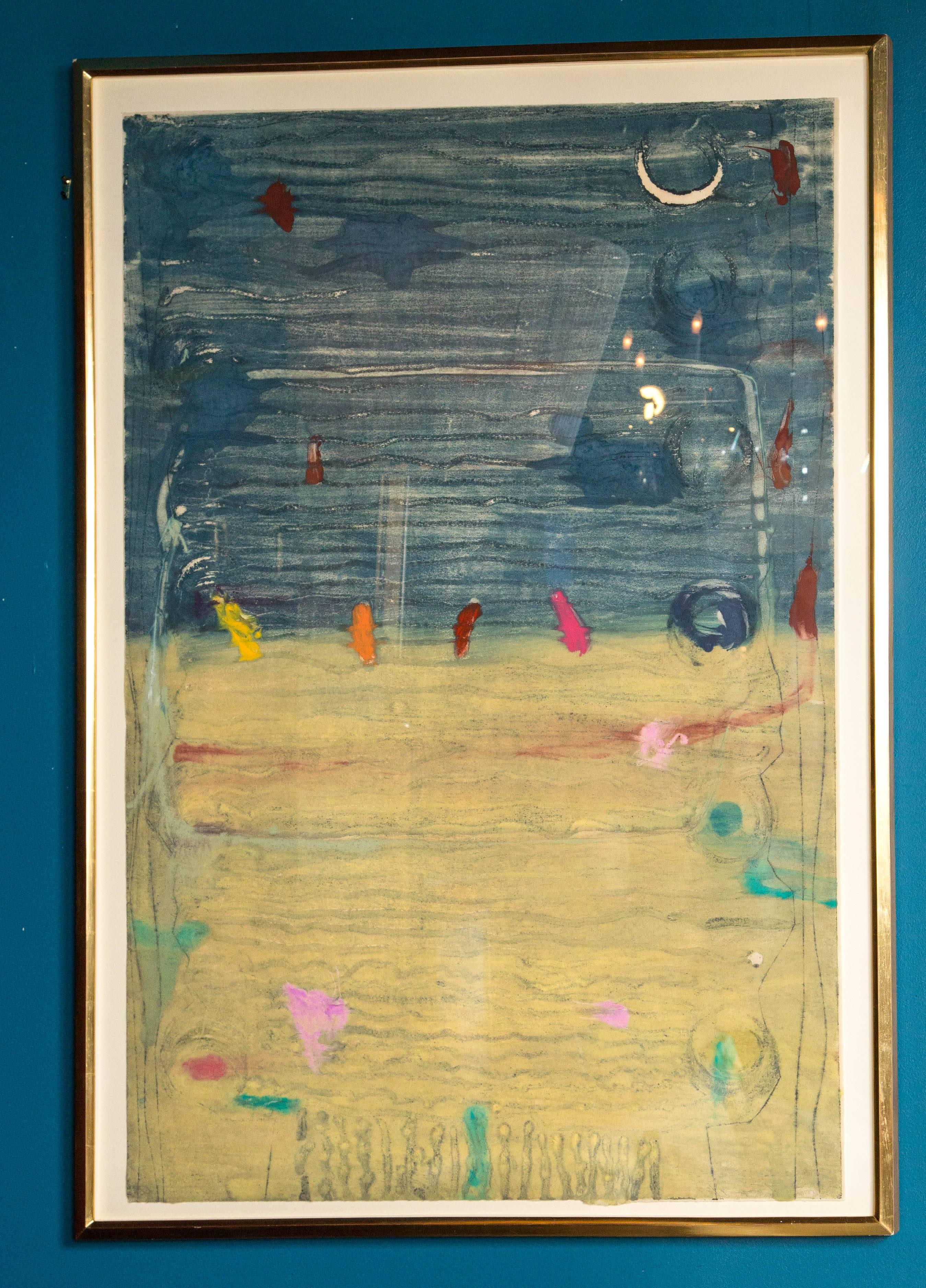 Large monotype. Wax reset technique. Gold leaf on the frame. Dark blue background with details in primary colors.