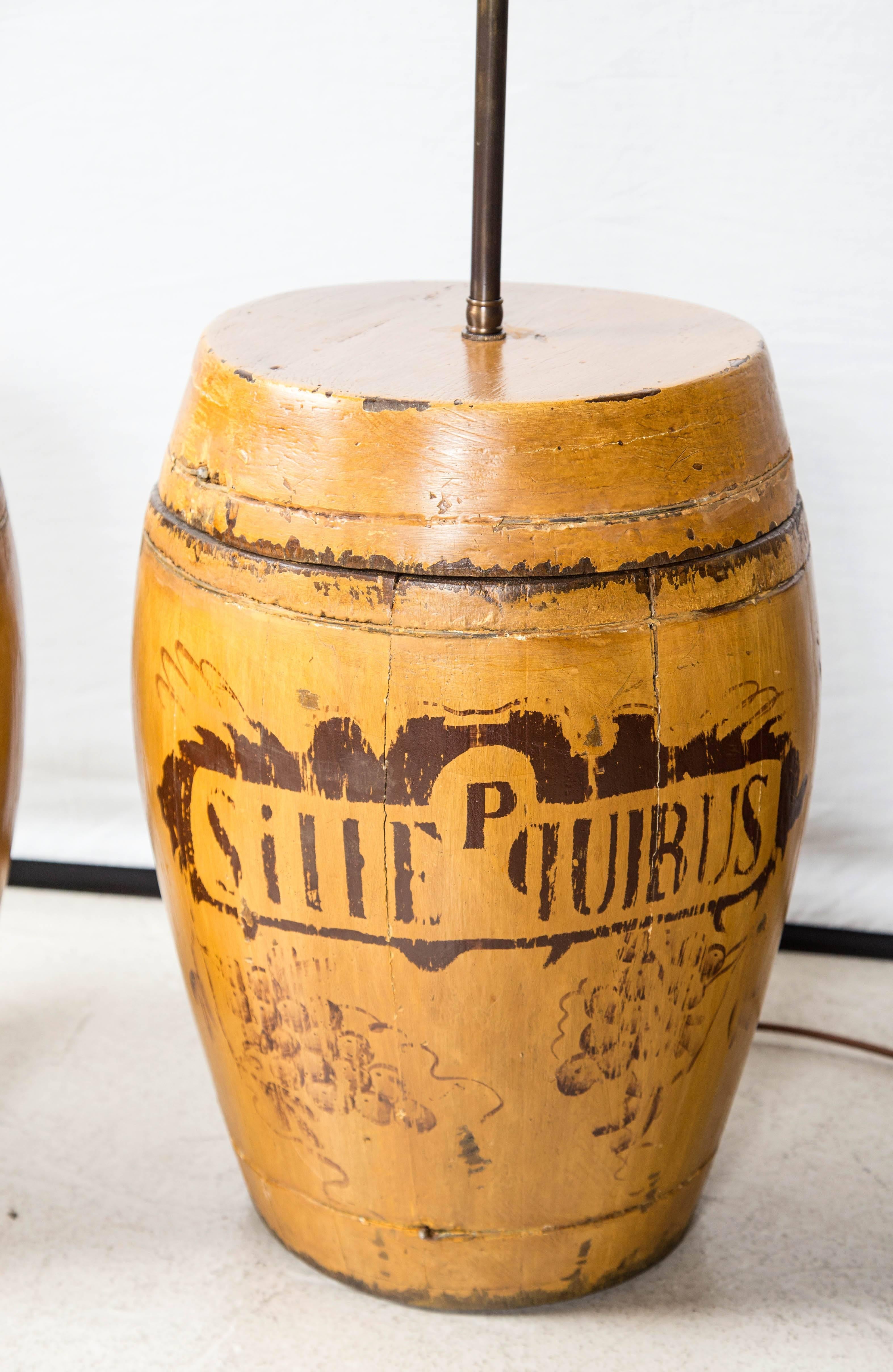 Pair of yellow, antique rice canister lamps. No shades.