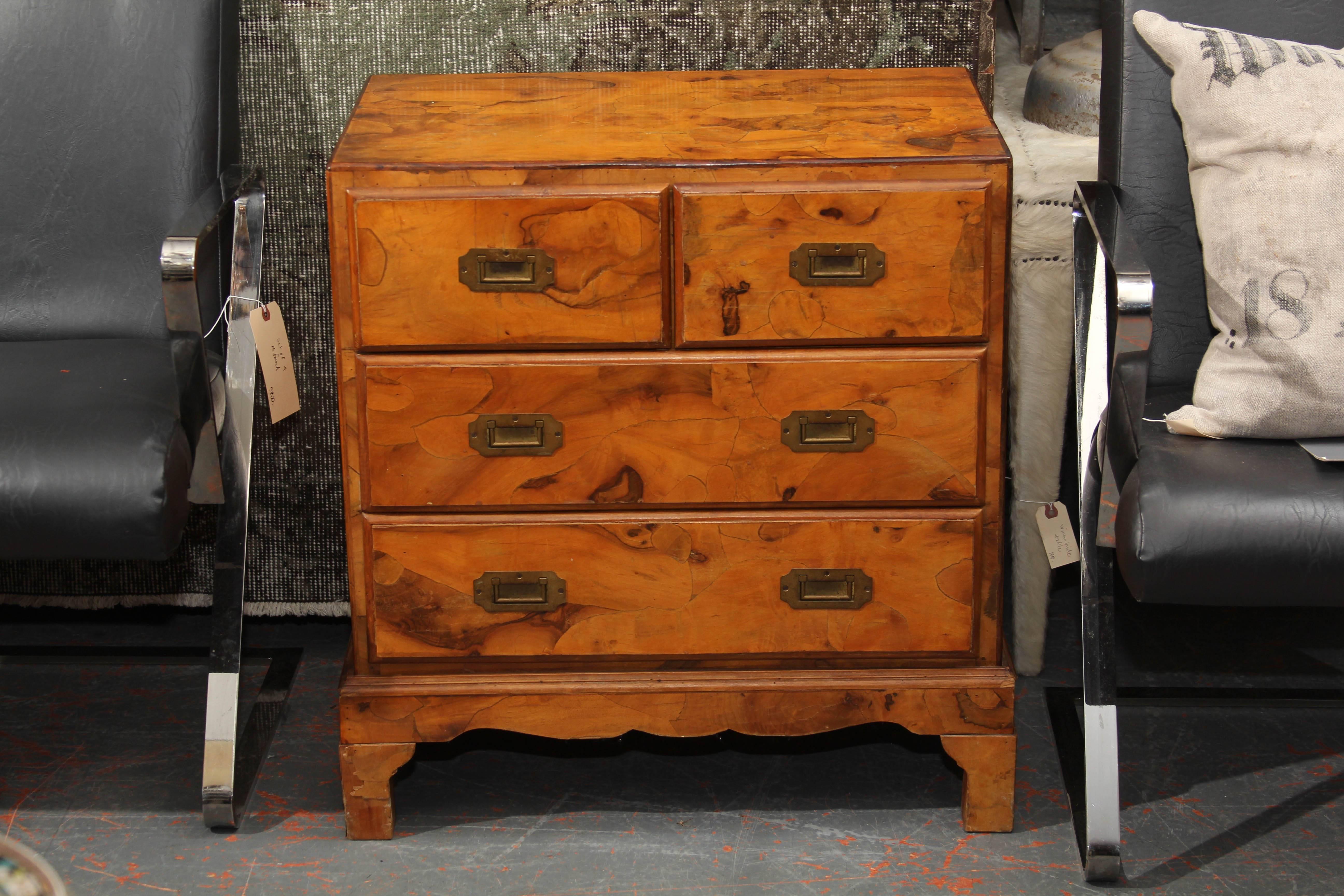 Nice small olivewood chest, made in Italy. Side handles, four drawers.