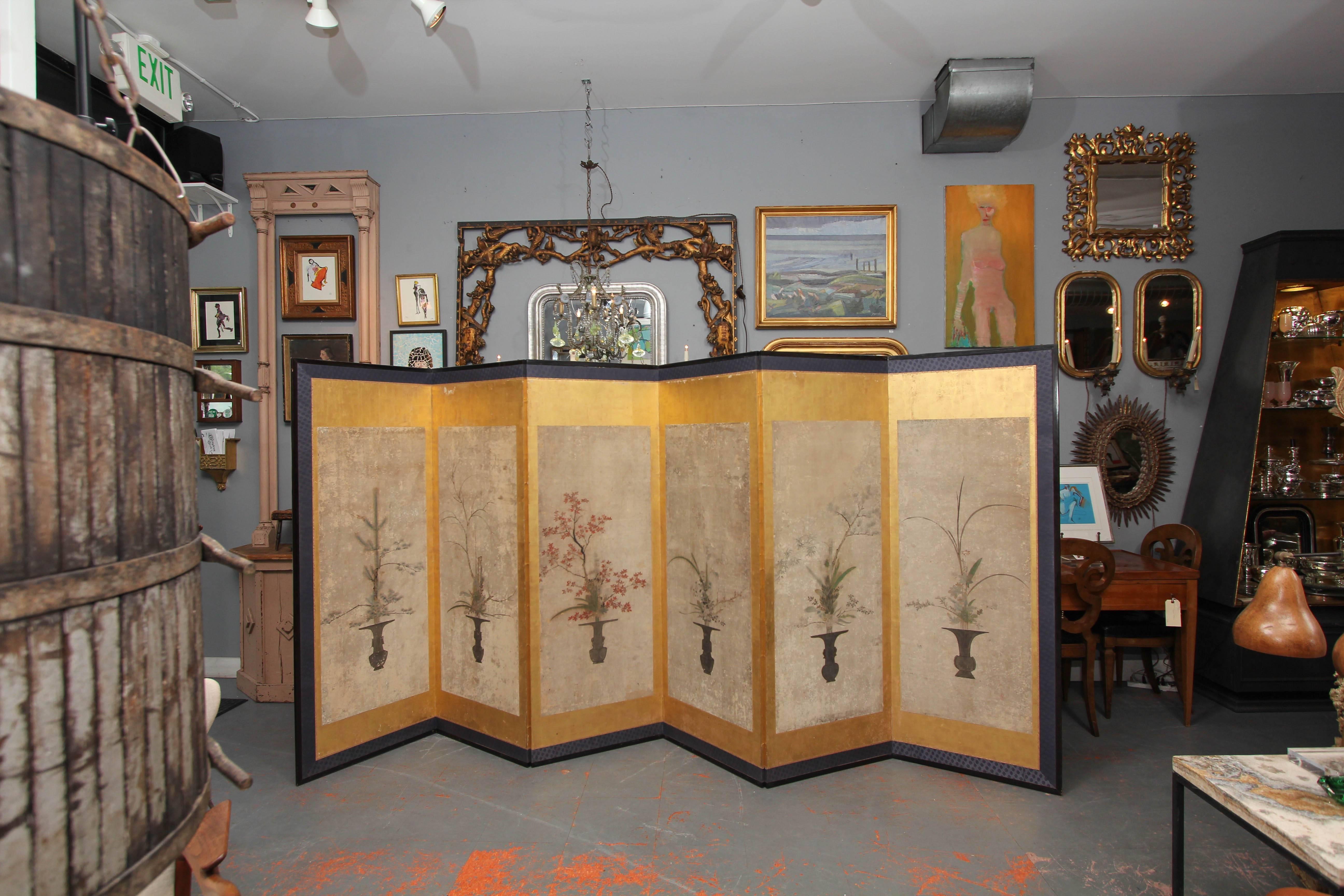 Beautiful Six-Panel Antique Japanese Screen In Good Condition In Seattle, WA